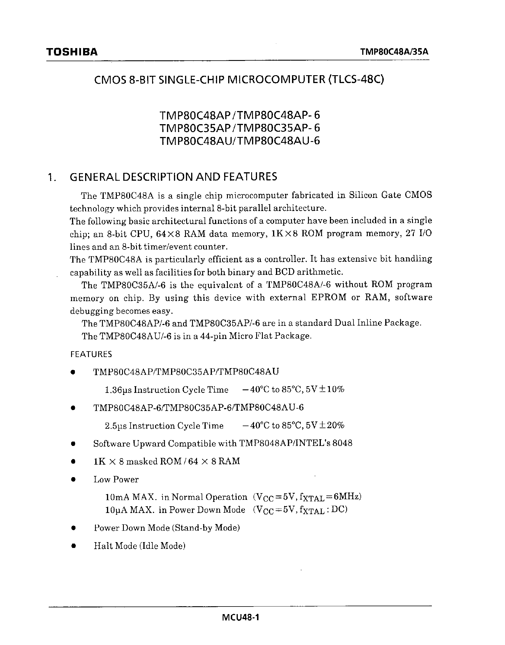 Datasheet TMP80C35AP page 1 Datasheet TMP80C35AP - CMOS 8-BIT SINGLE-CHIP MICROCOMPUTER (TLCS-48C) page 1