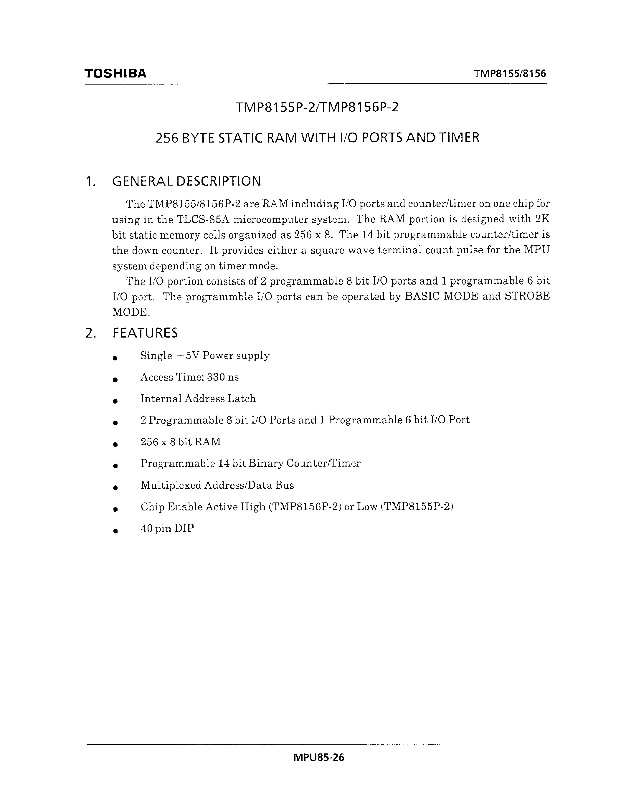 Datasheet TMP8155 page 1 Datasheet TMP8155 - 256 BYTE STATIC RAM WITH I/O PORTS AND TIMER page 1