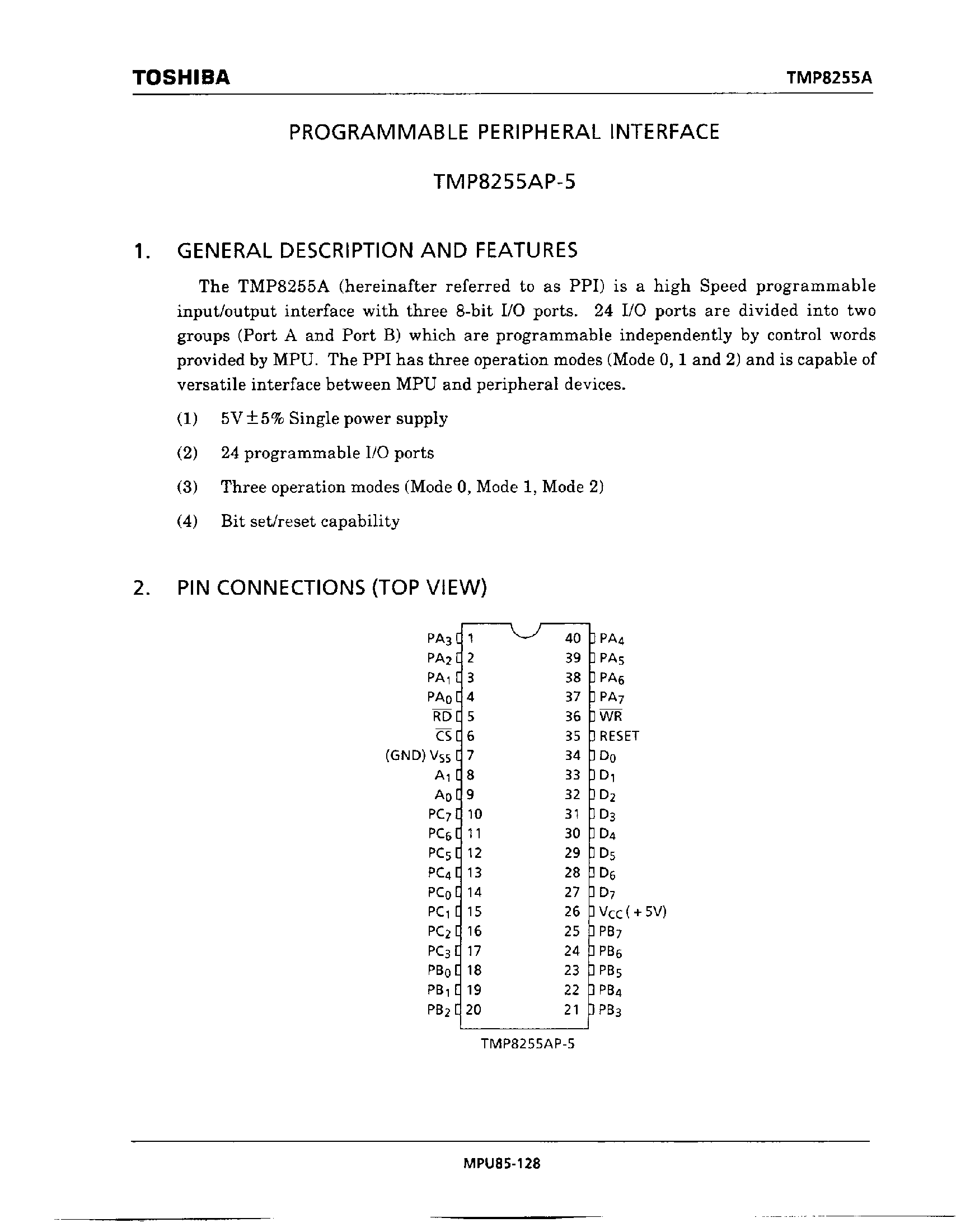 Даташит TMP8255AP-5 - PROGRAMMABLE PERIPHERAL INTERFACE страница 1