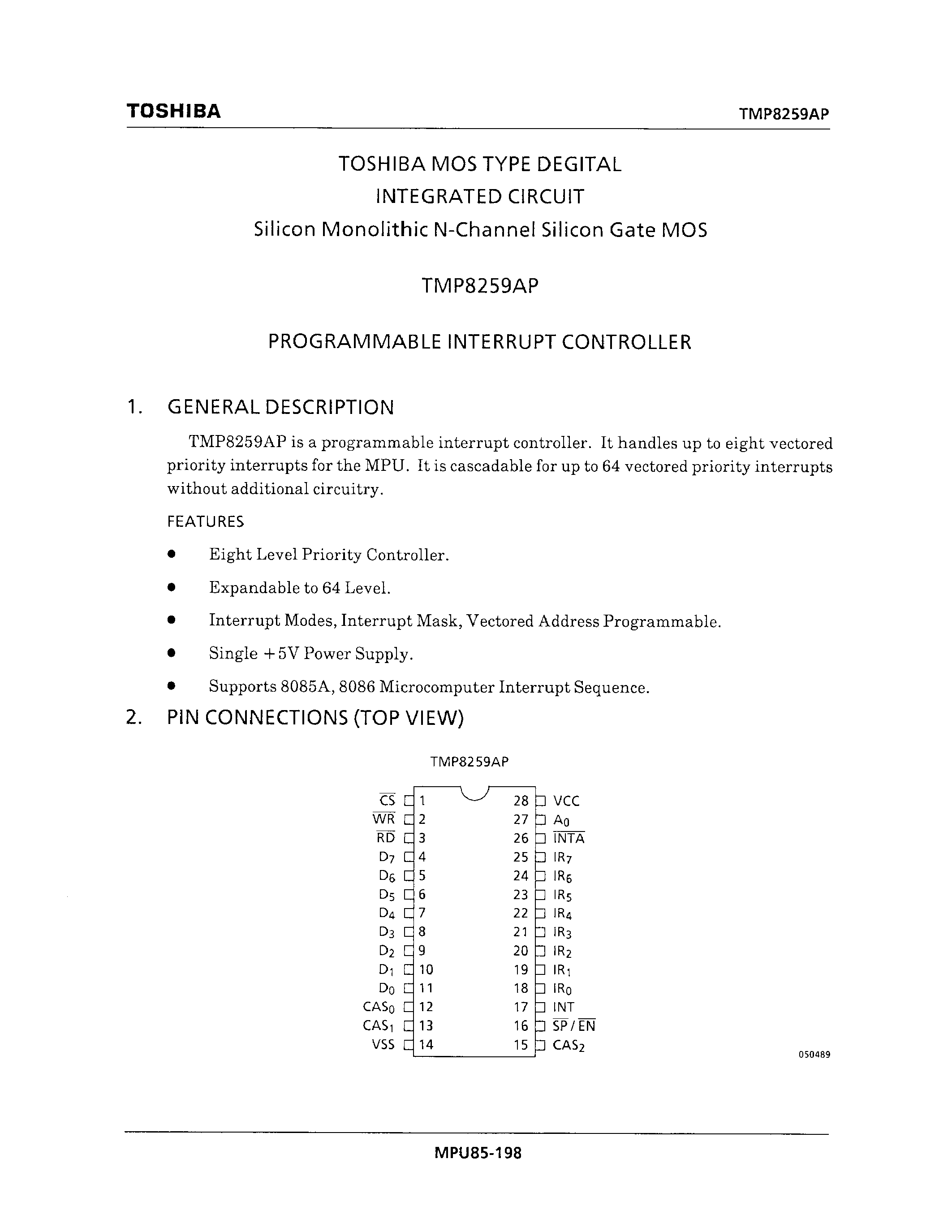 Даташит TMP8259AP - PROGRAMMABLE INTERRUPT CONTROLLER страница 1