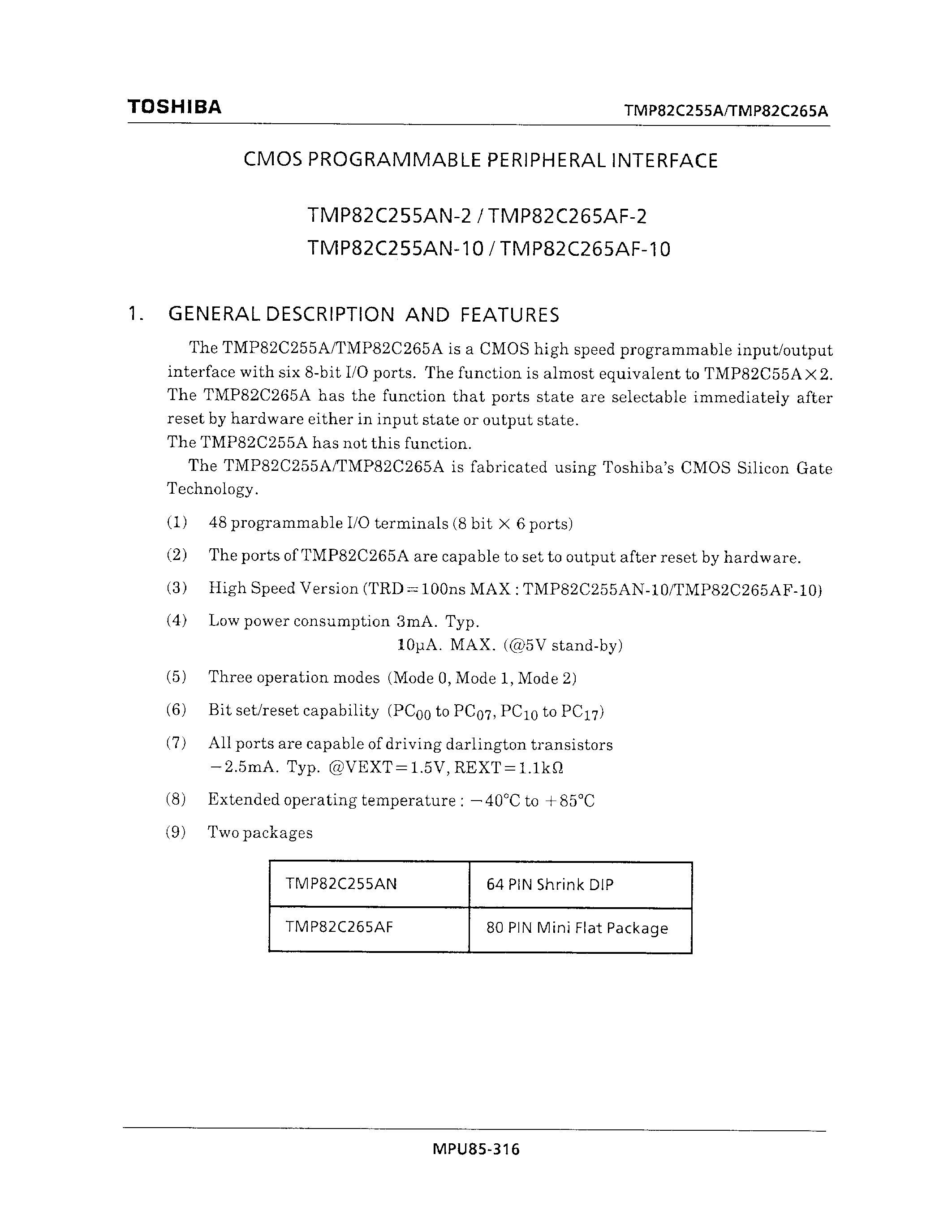Даташит TMP82C255A - CMOS PROGRAMMABLE PERIPHERAL INTERFACE страница 1