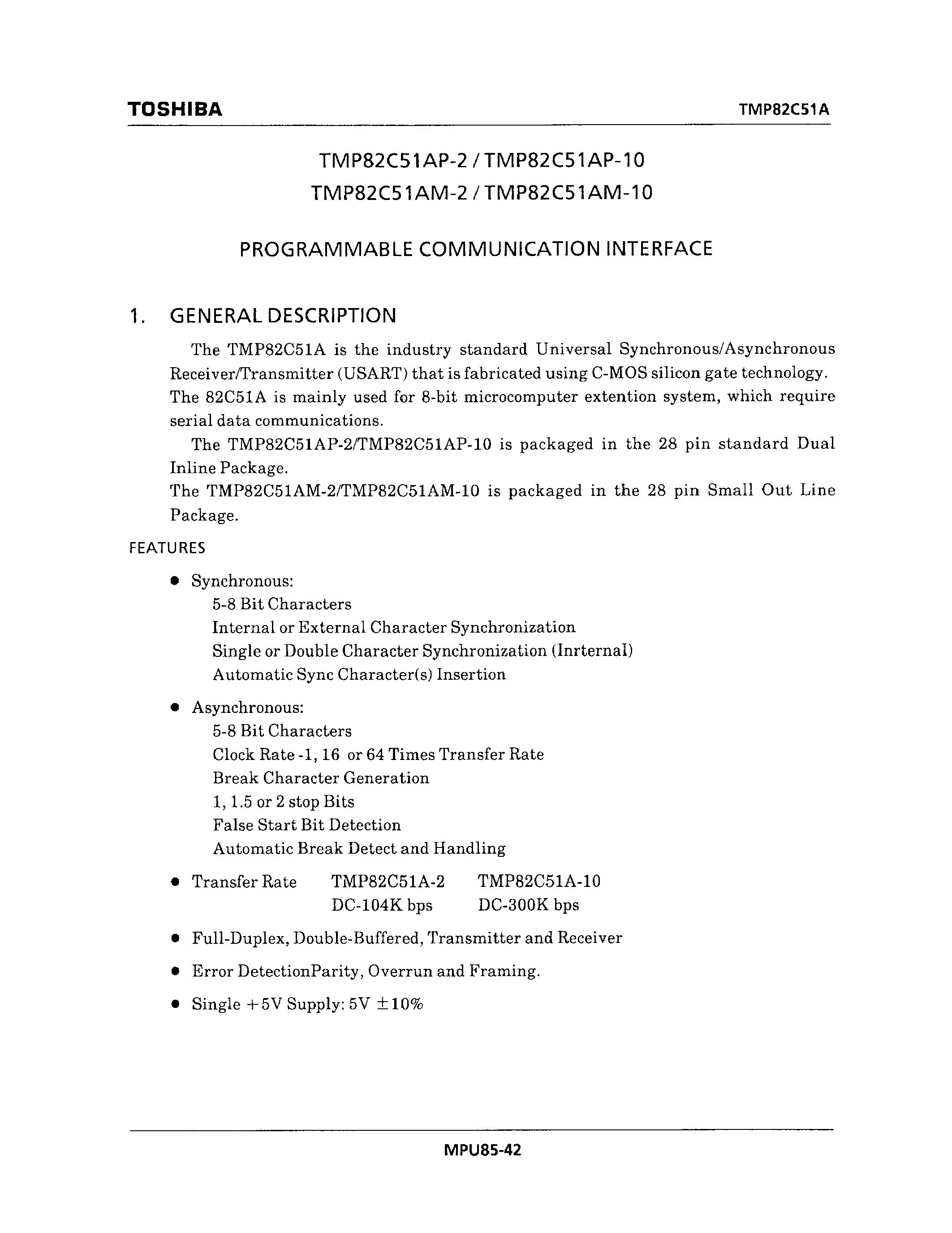 Даташит TMP82C51AM-10 - PROGRAMMABLE COMMUNICATION INTERFACE страница 1