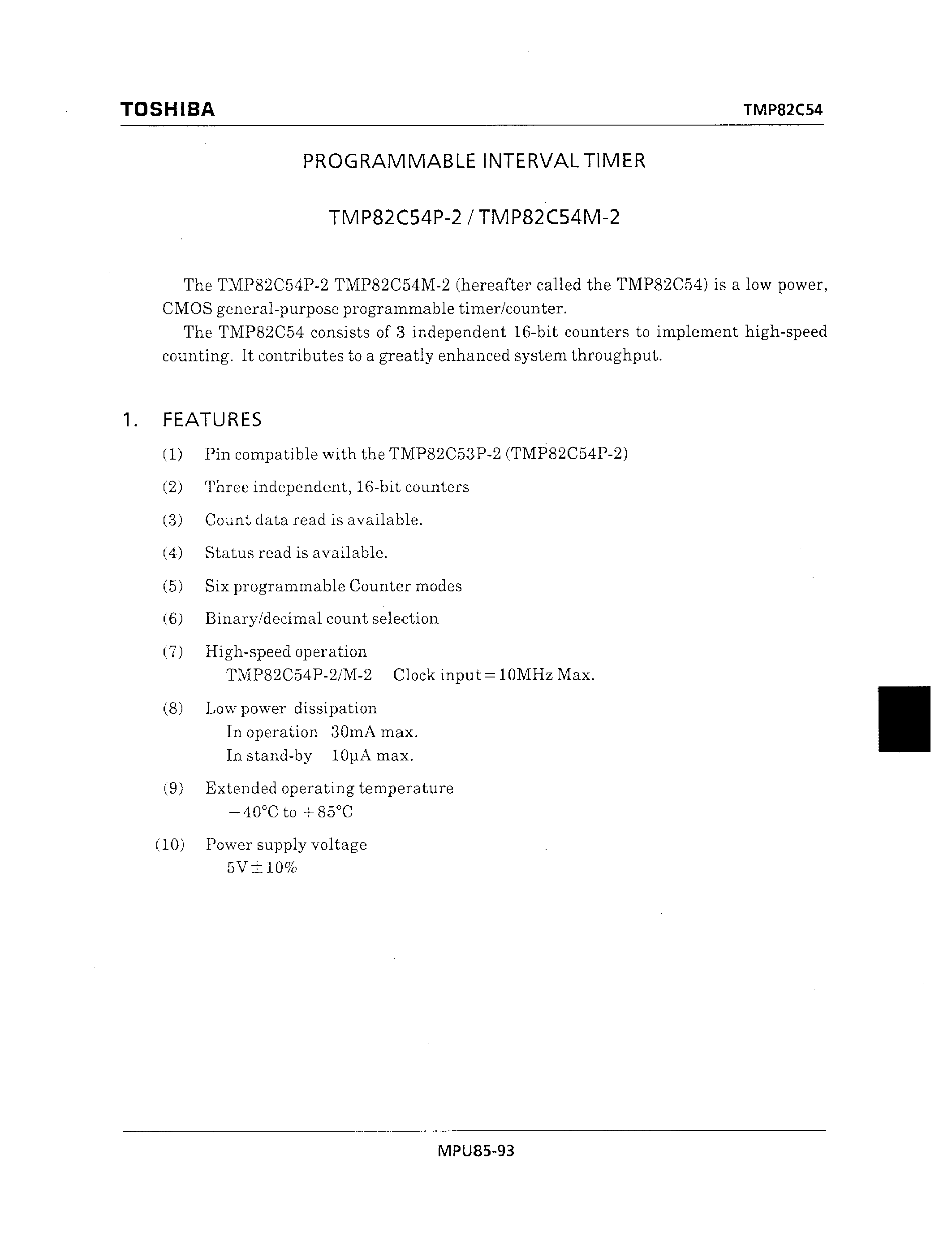 Datasheet TMP82C54P-2 - PROGRAMMABLE INTERVAL TIMER page 1