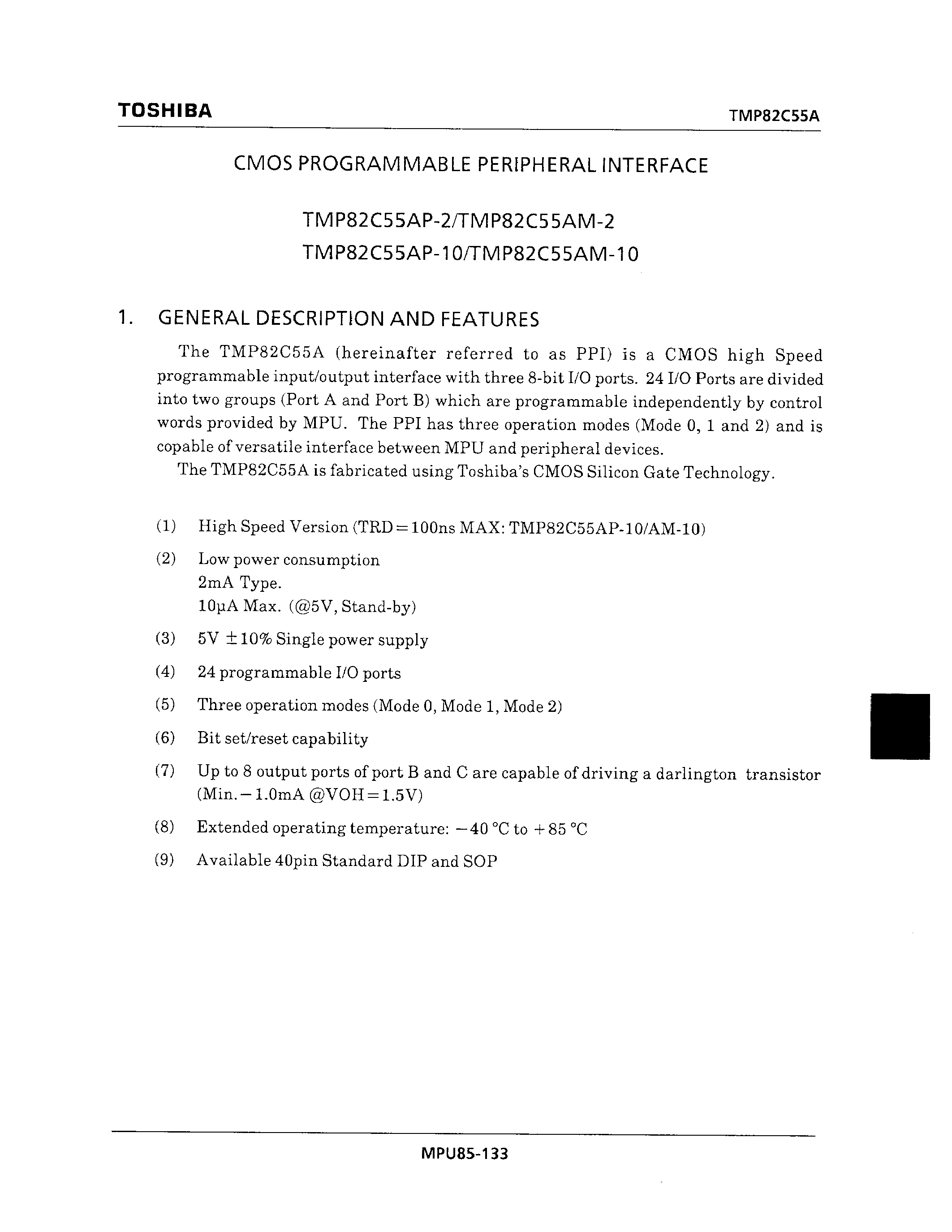 Datasheet TMP82C55AM-2 - CMOS PROGRAMMABLE PERIPHERAL INTERFACE page 1