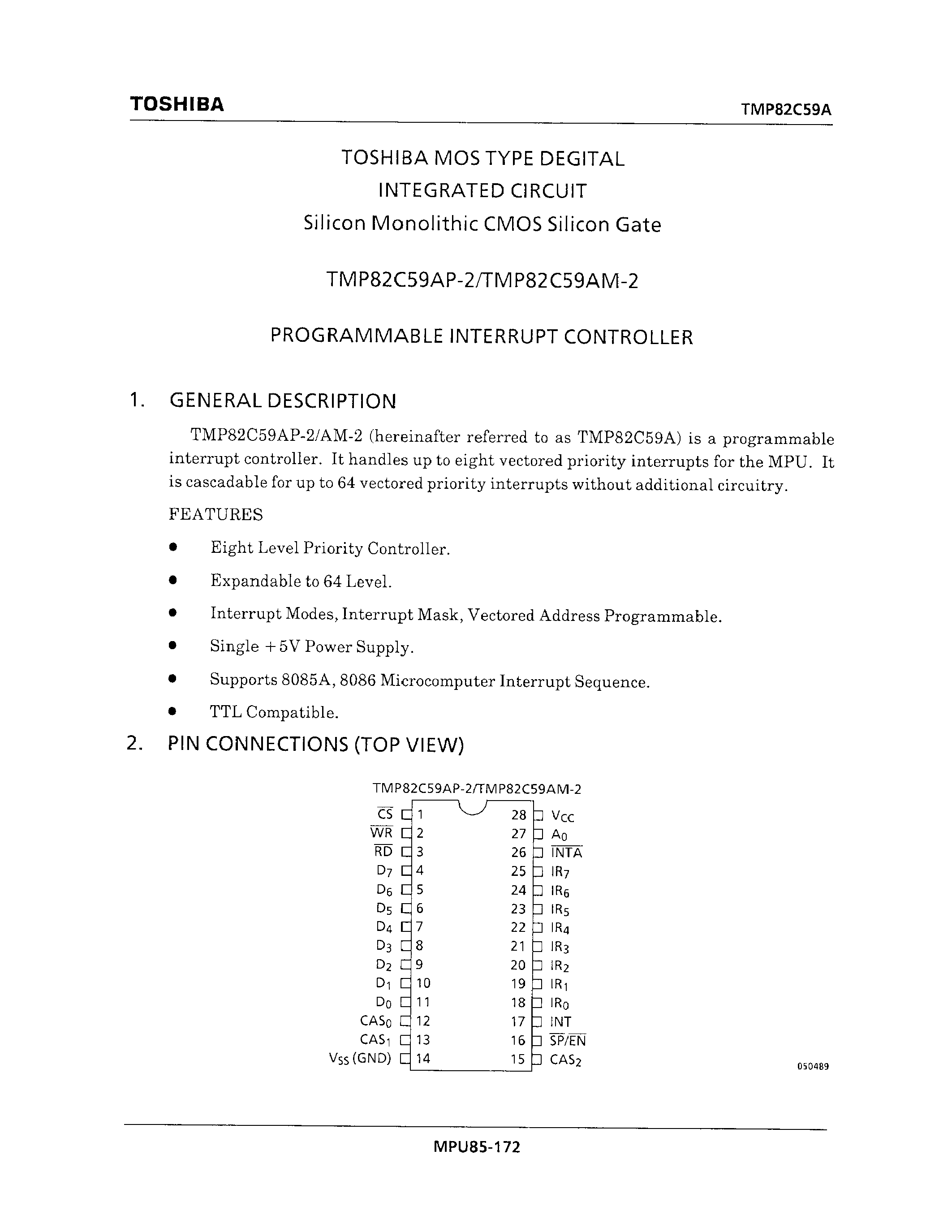 Datasheet TMP82C59AP-2 - PROGRAMMABLE INTERRUPT CONTROLLER page 1