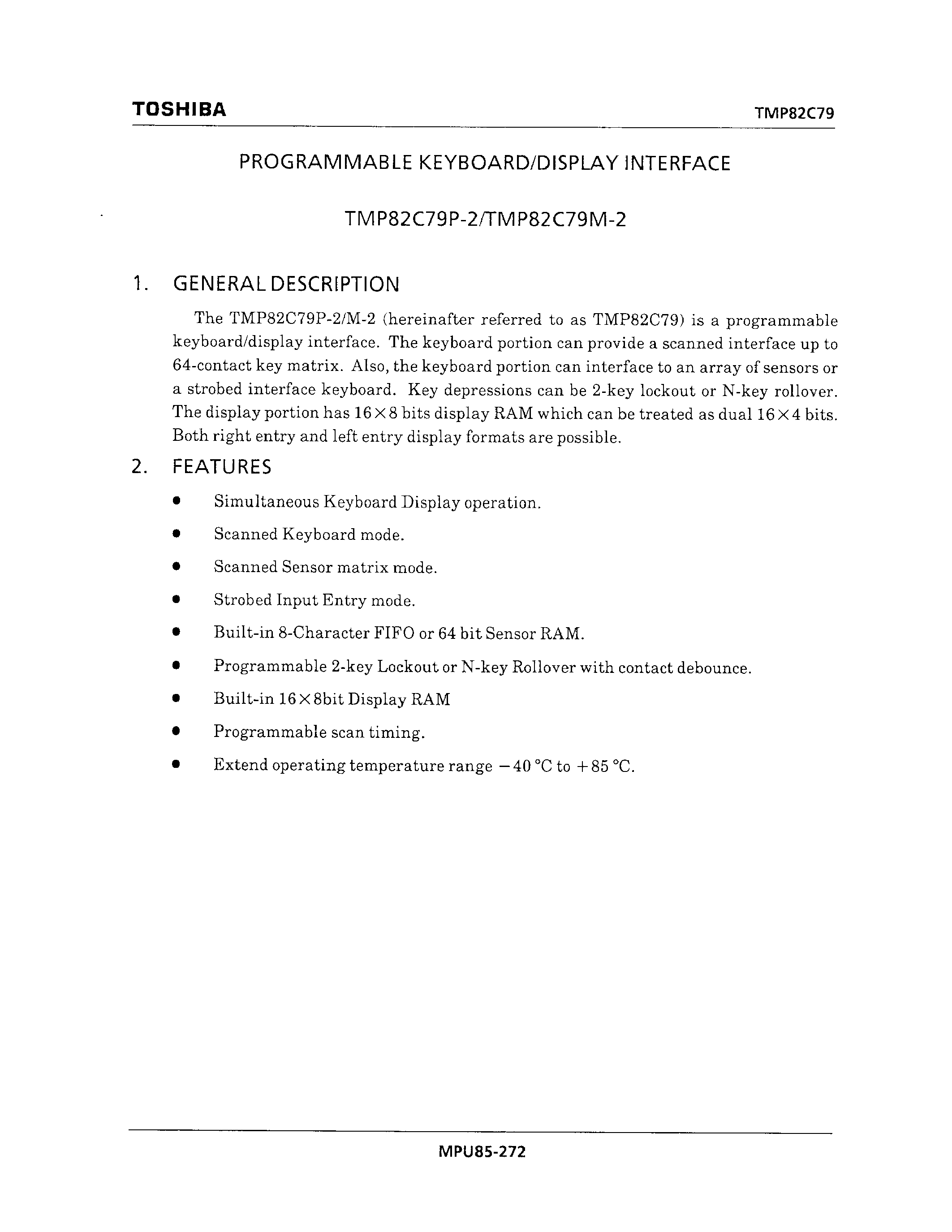 Datasheet TMP82C79P-2 - PROGRAMMABLE KEYBOARD / DISPLAY INTERFACE page 1