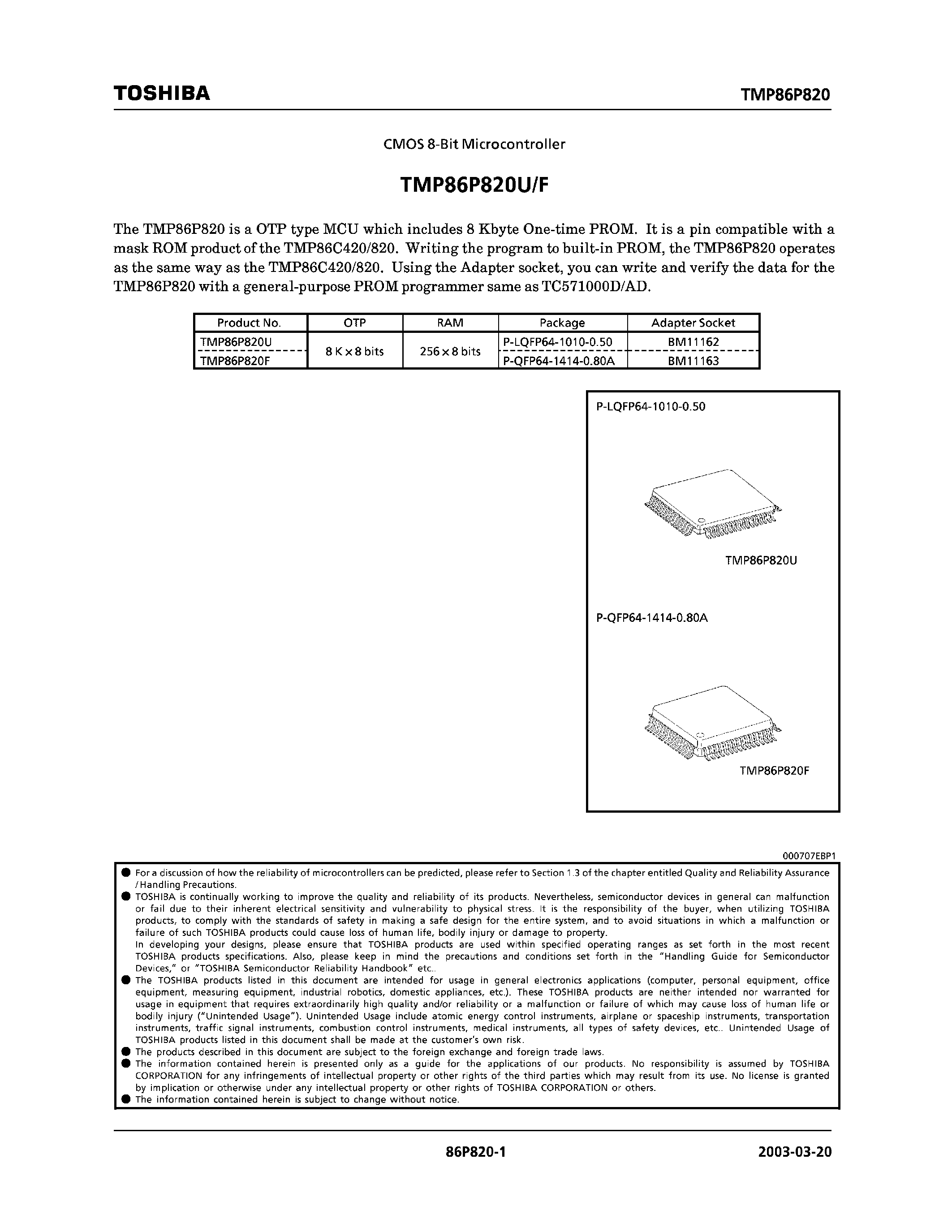 Datasheet TMP86P820F - CMOS 8-Bit Microcontroller page 1