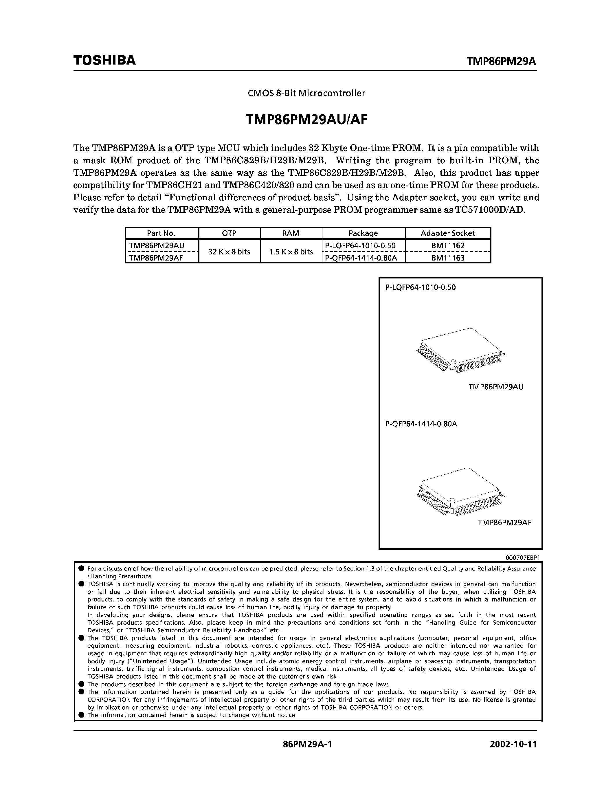 Datasheet TMP86PM29AU - CMOS 8-BIT MICROCONTROLLER page 1