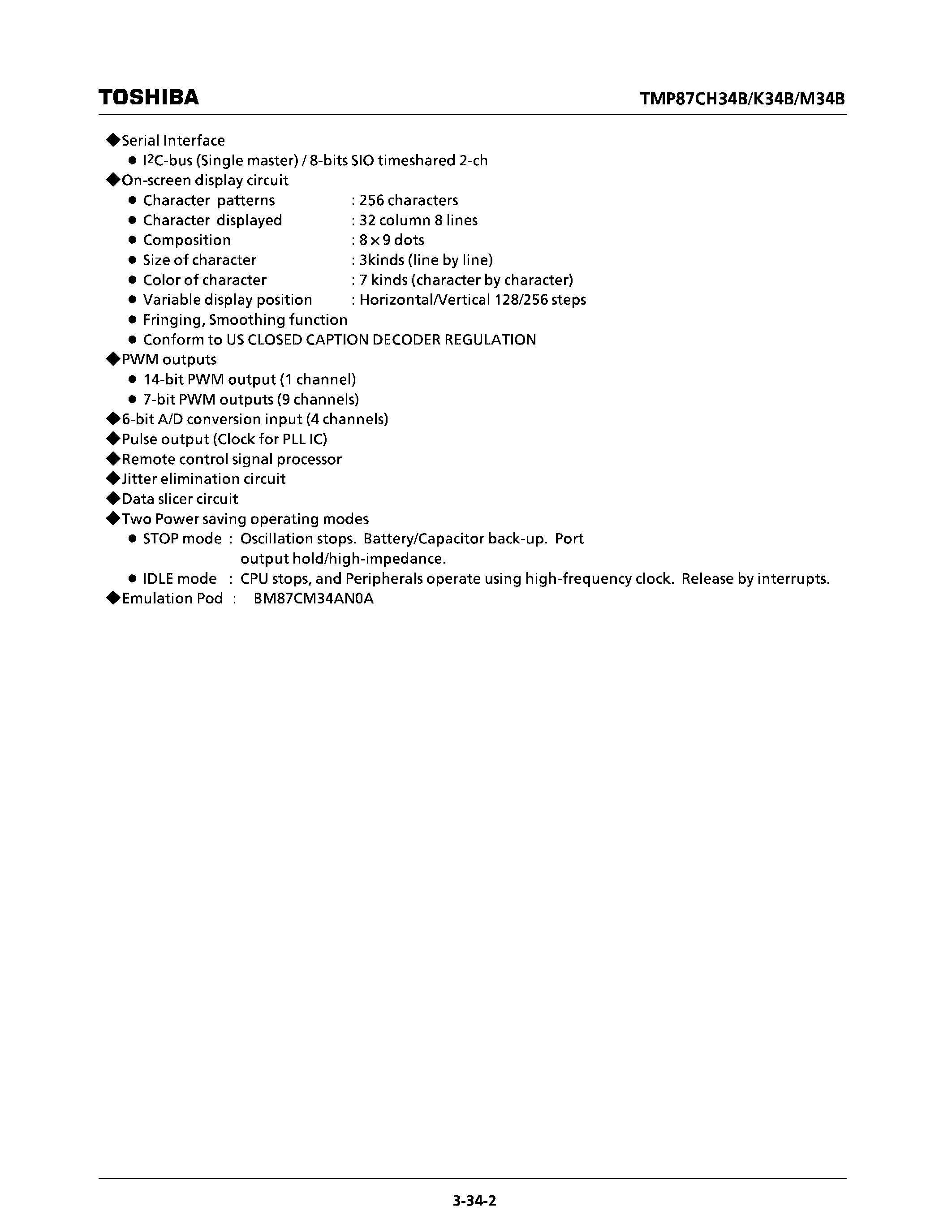 Datasheet TMP87CH34BN - CMOS 8-BIT MICROCONTROLLER page 2