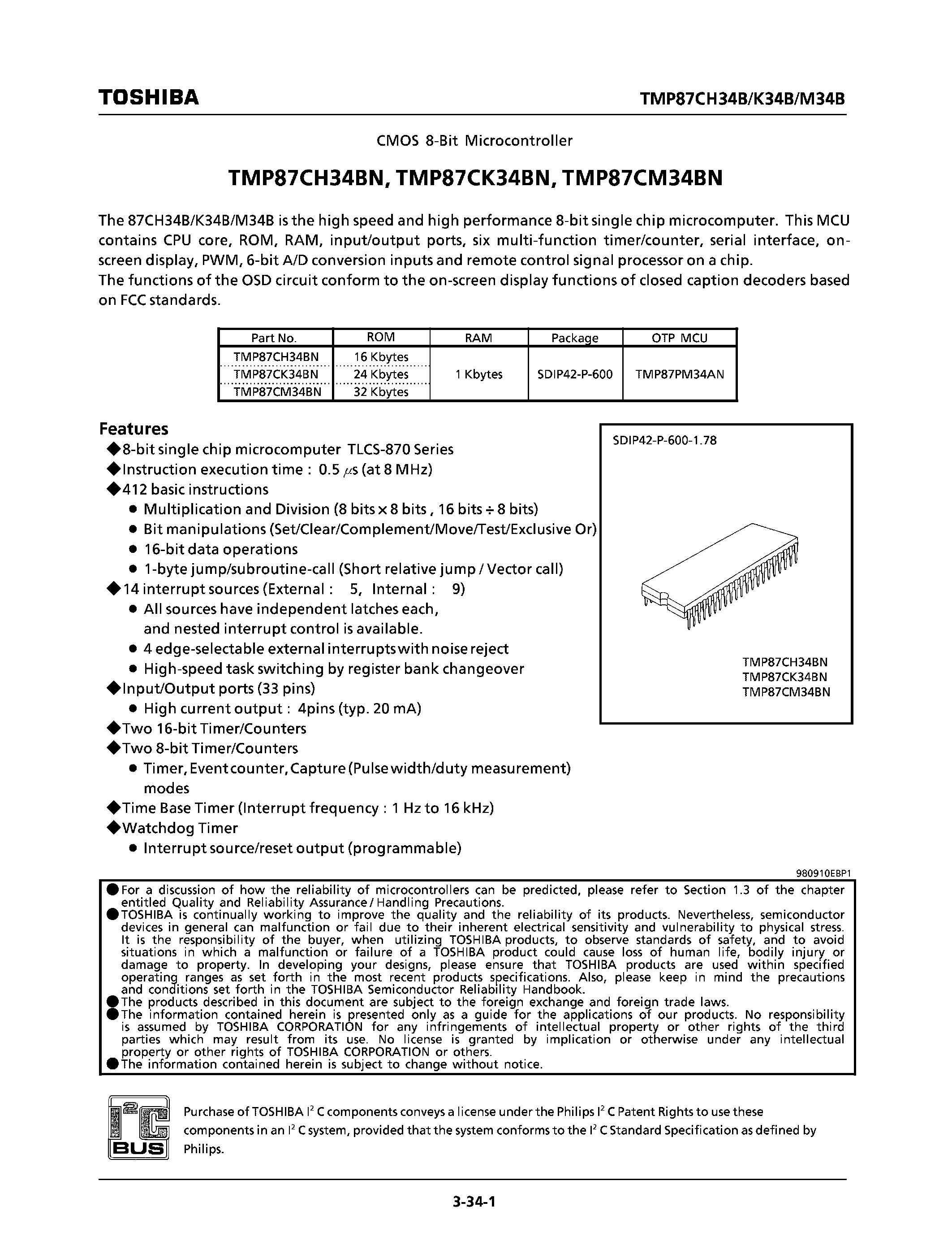 Datasheet TMP87CK34BN - CMOS 8-BIT MICROCONTROLLER page 1