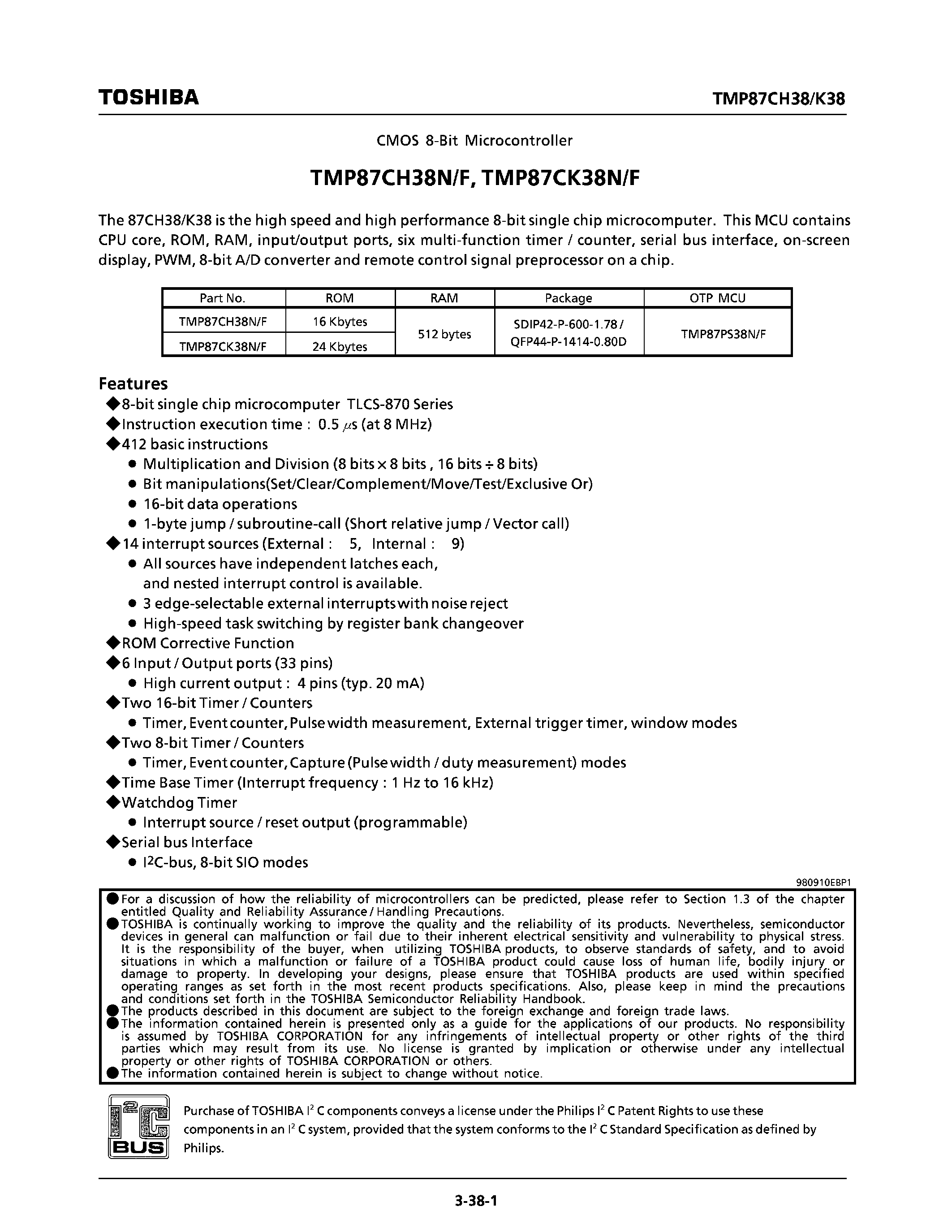 Datasheet TMP87CK38F - CMOS 8-BIT MICROCONTROLLER page 1