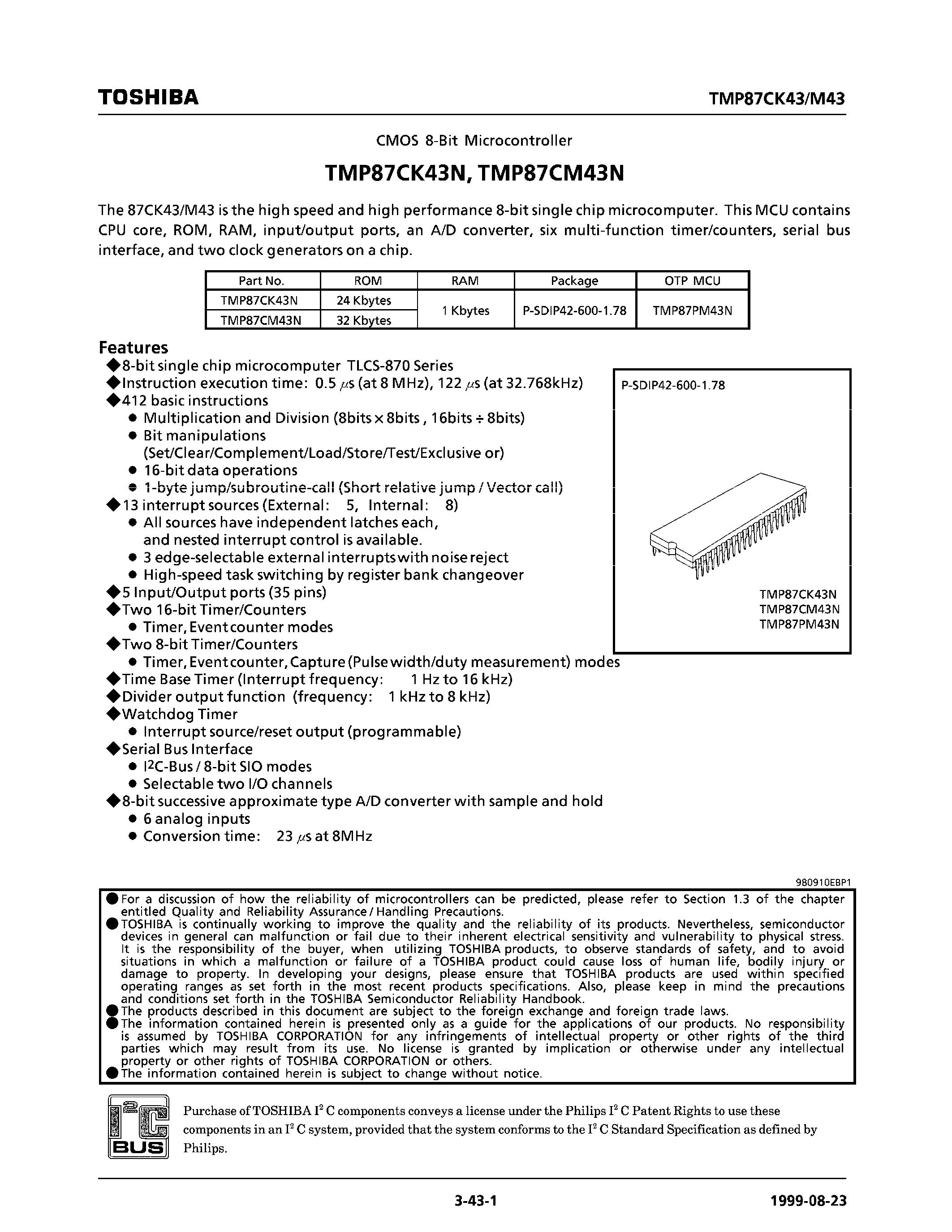 Datasheet TMP87CM43N page 1 Datasheet TMP87CM43N - CMOS 8-BIT MICROCONTROLLER page 1