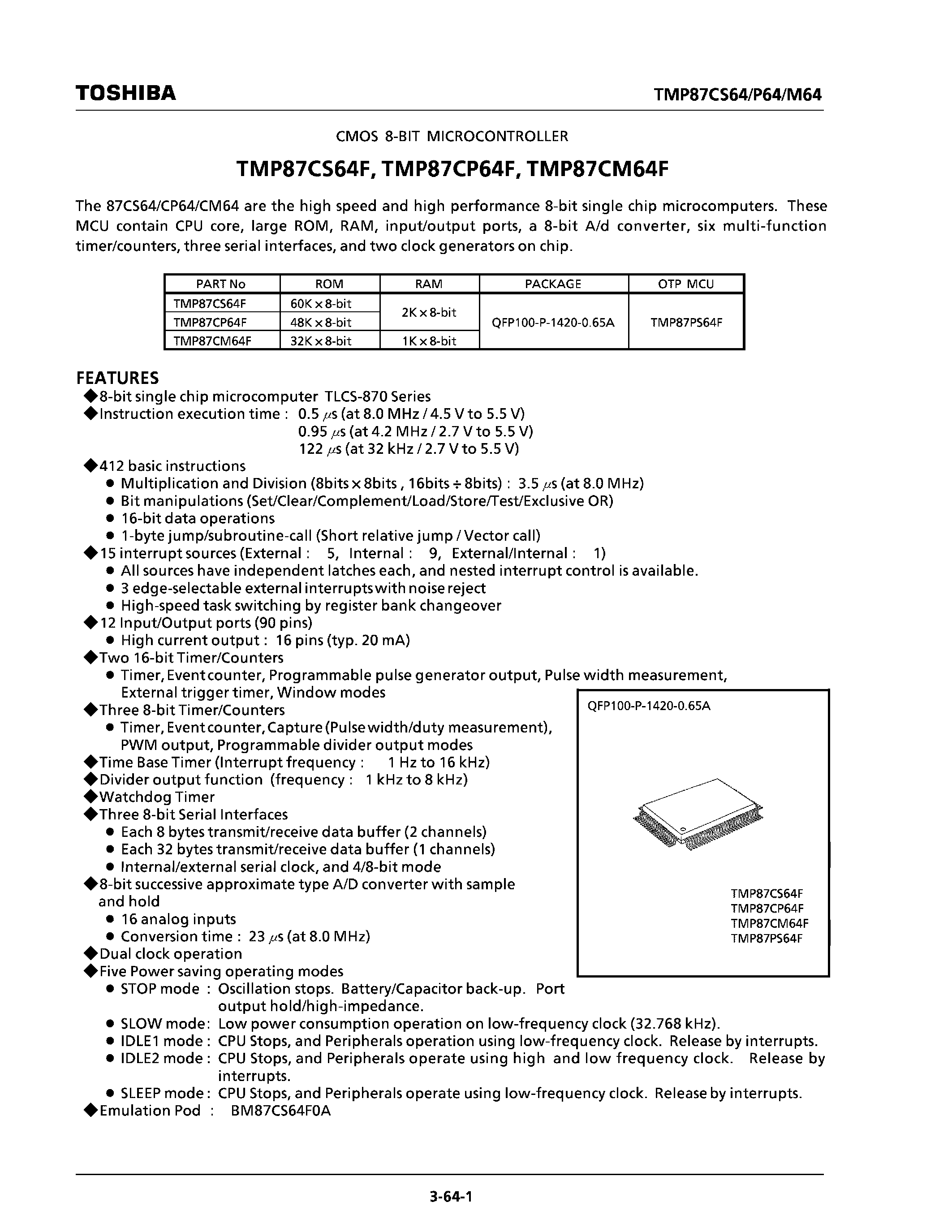 Datasheet TMP87CP64F - CMOS 8 BIT MICROCONTROLLER page 1