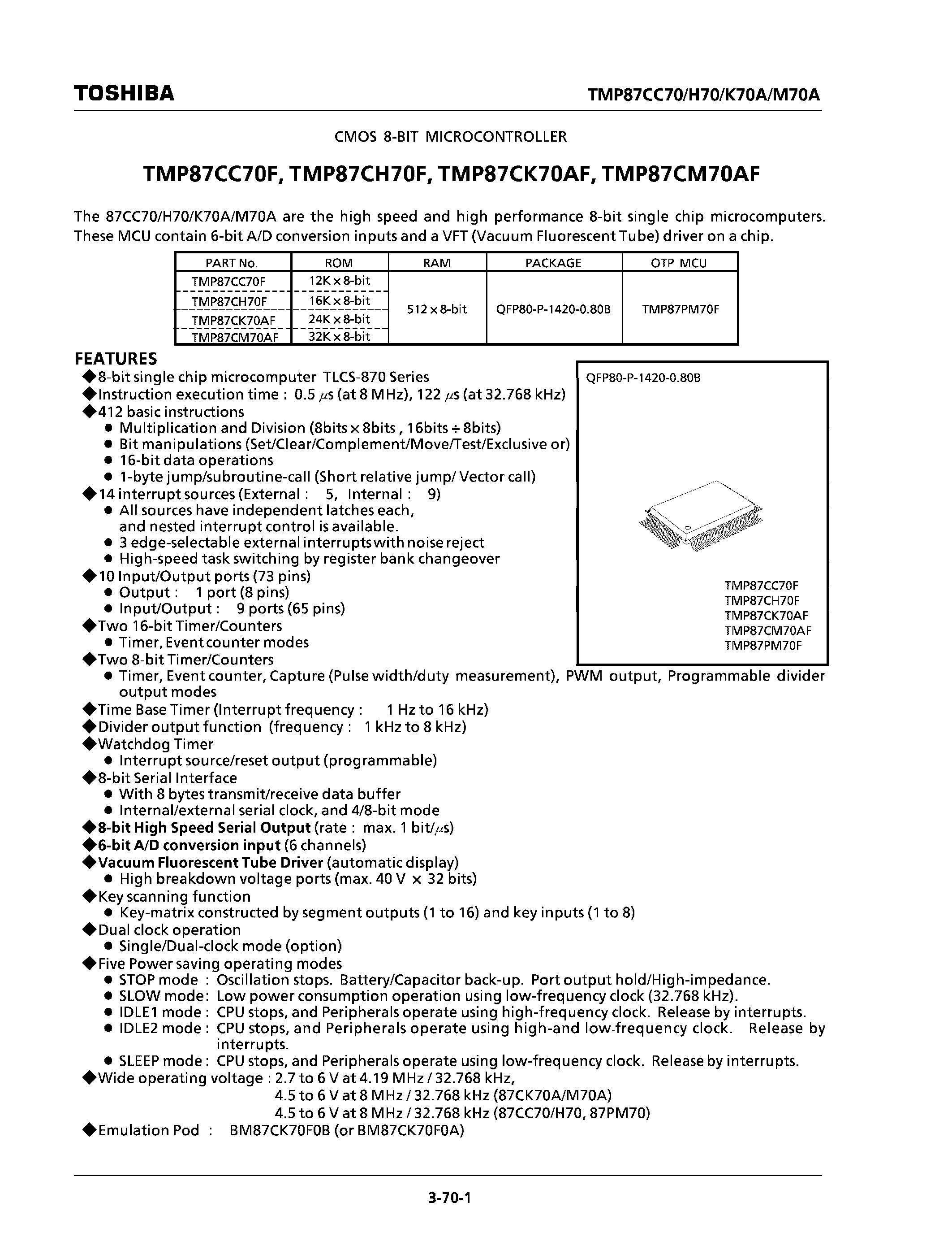 Datasheet TMP87PM70F - CMOS 8-BIT MICROCONTROLLER page 1