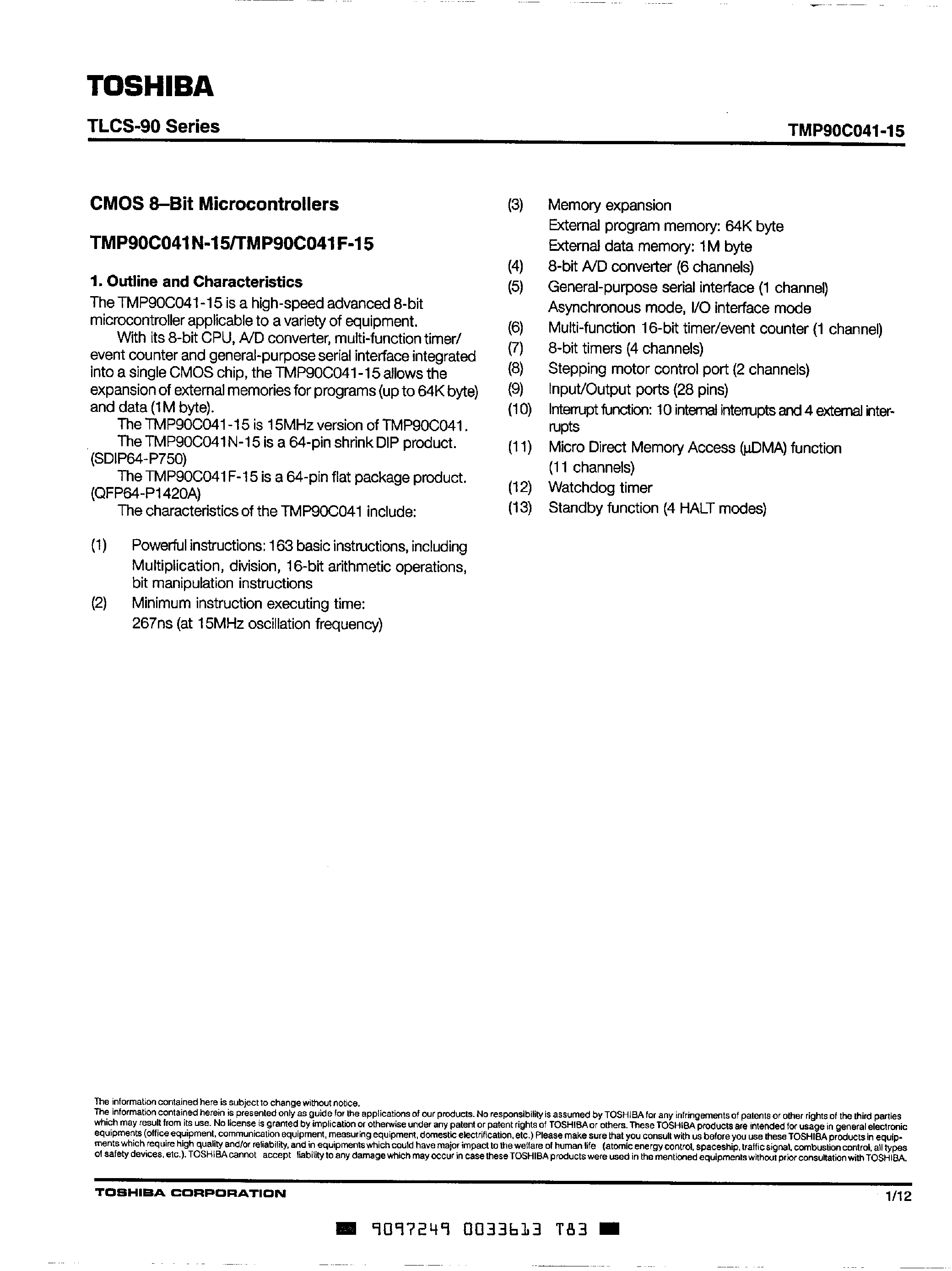 Datasheet TMP90C041N-15 - CMOS 8-BIT MICROCONTROLLERS page 1