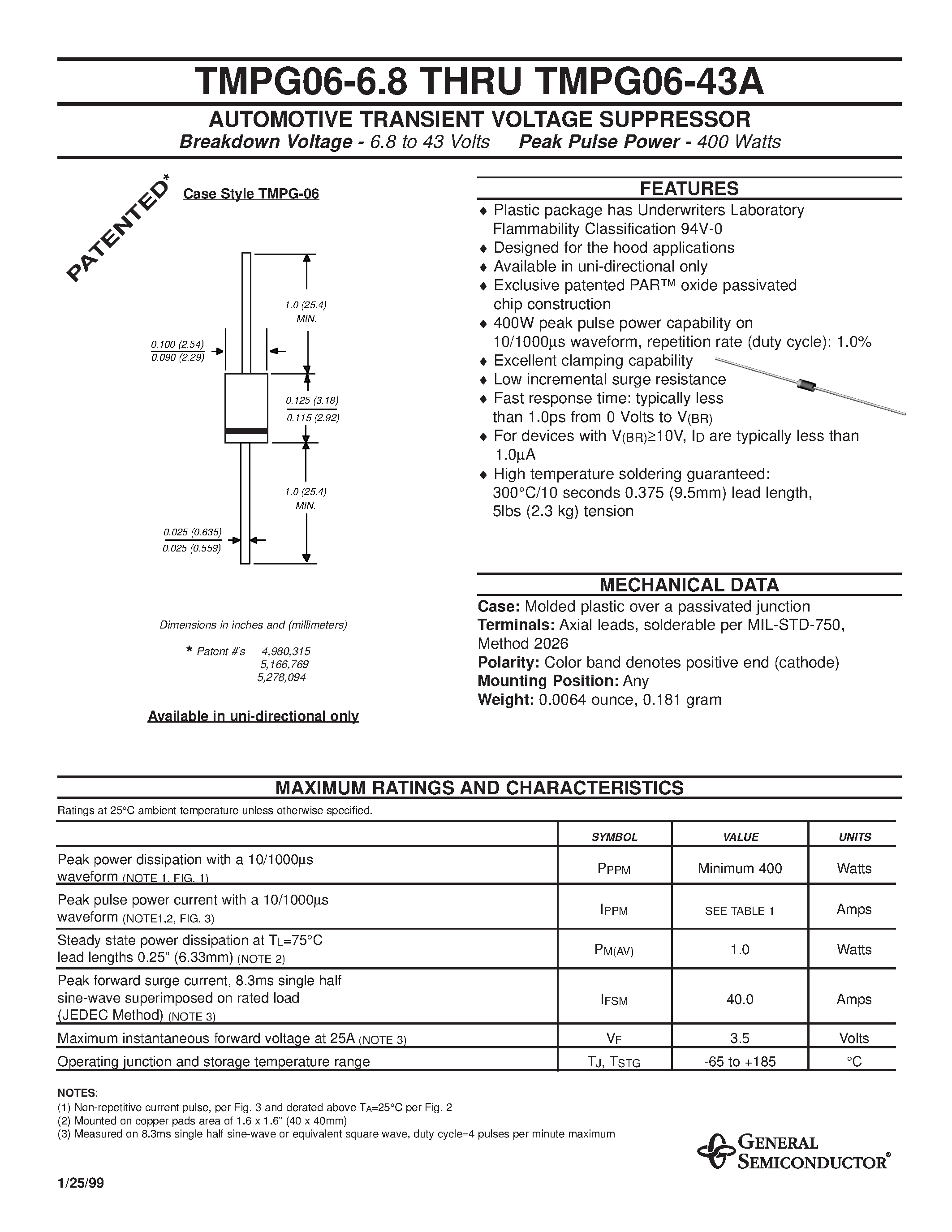 Даташит на микросхему TMPG06-18A страница 1 Даташит TMPG06-18A - AUTOMOTIVE TRANSIENT VOLTAGE SUPPRESSOR страница 1