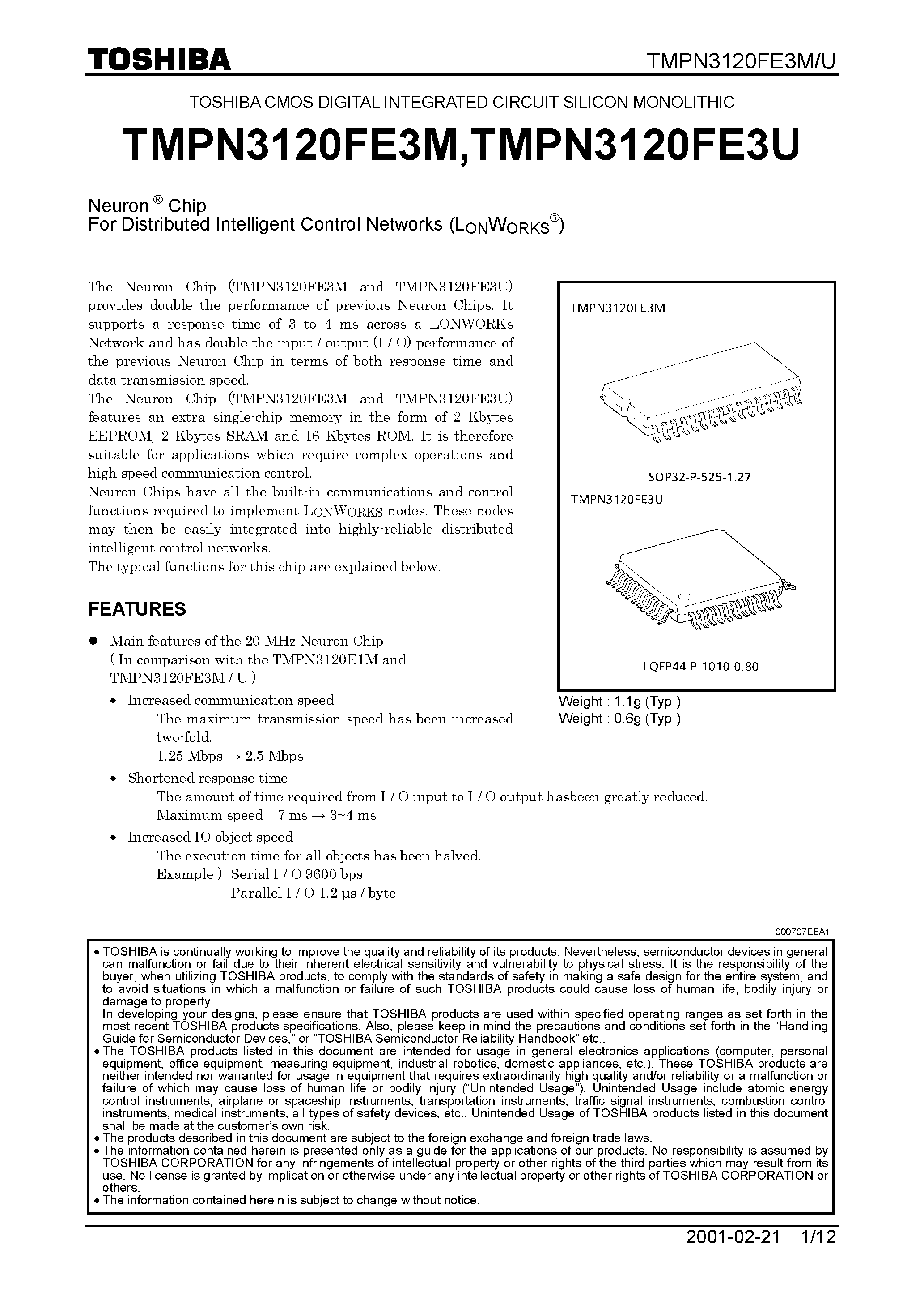 Datasheet TMPN3120FE3U page 1 Datasheet TMPN3120FE3U - TOSHIBA CMOS DIGITAL INTEGRATED CIRCUIT SILICON MONOLITHIC page 1