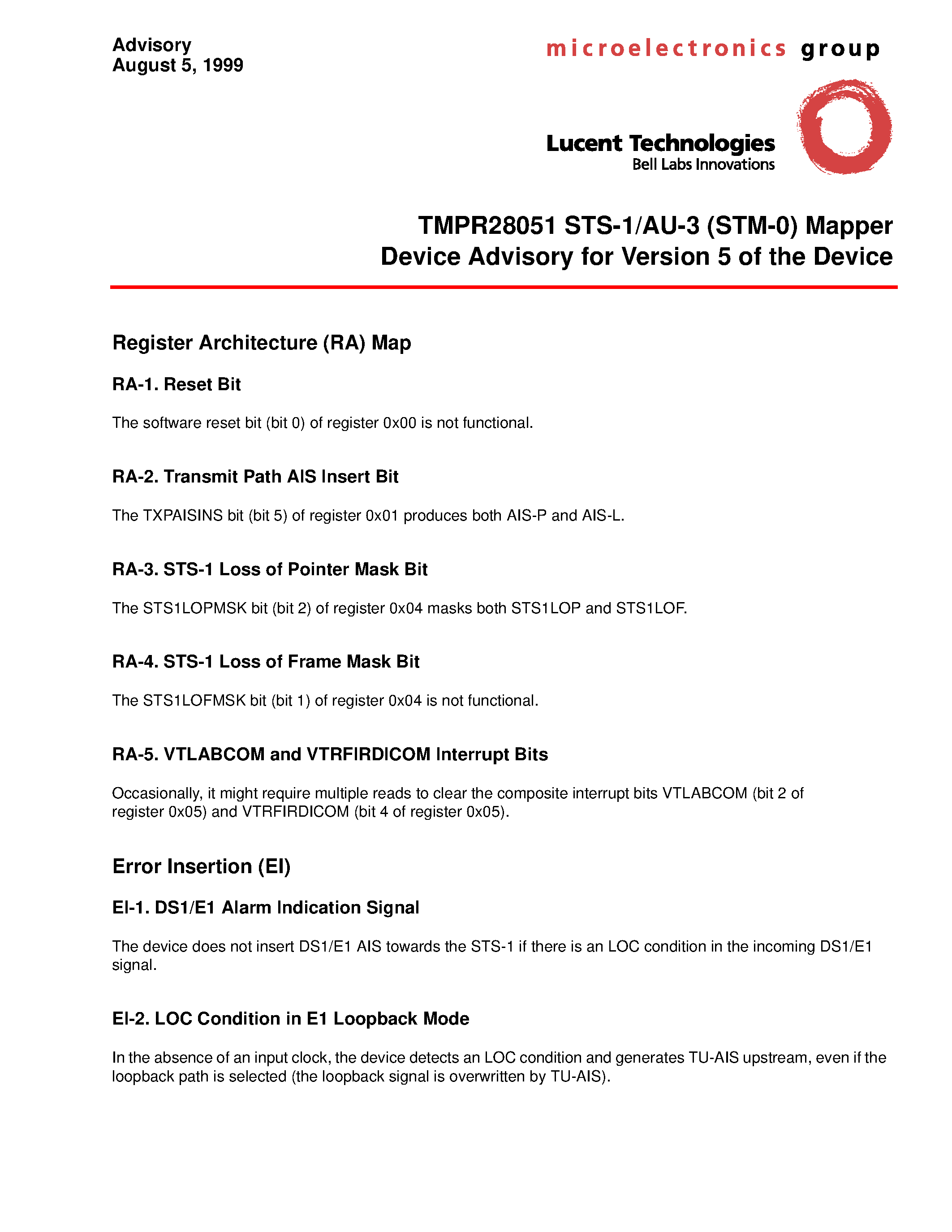 Datasheet TMPR28051 - TMPR28051 STS-1/AU-3 (STM-0) Mapper Device Advisory for Version 5 of the Device page 1