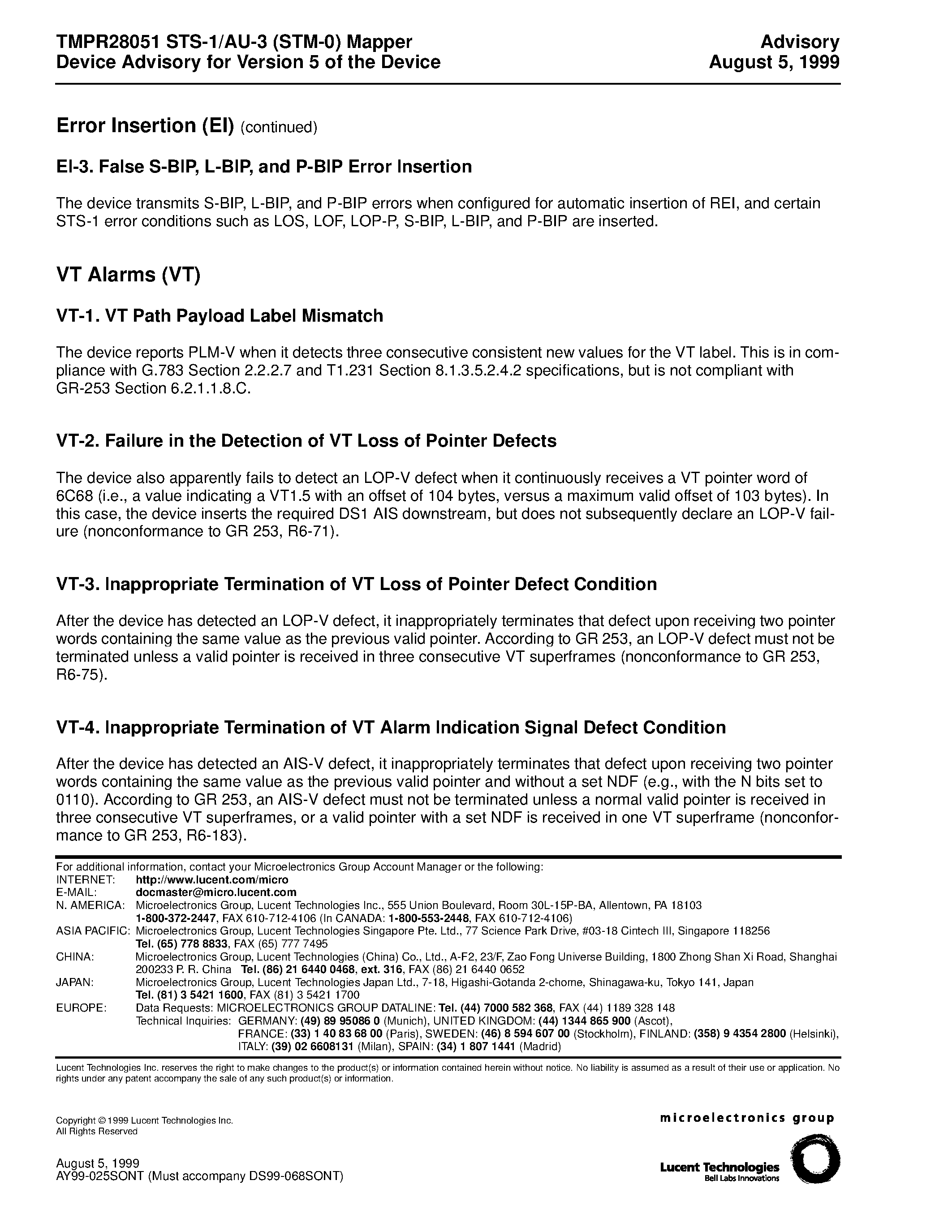 Datasheet TMPR28051 - TMPR28051 STS-1/AU-3 (STM-0) Mapper Device Advisory for Version 5 of the Device page 2