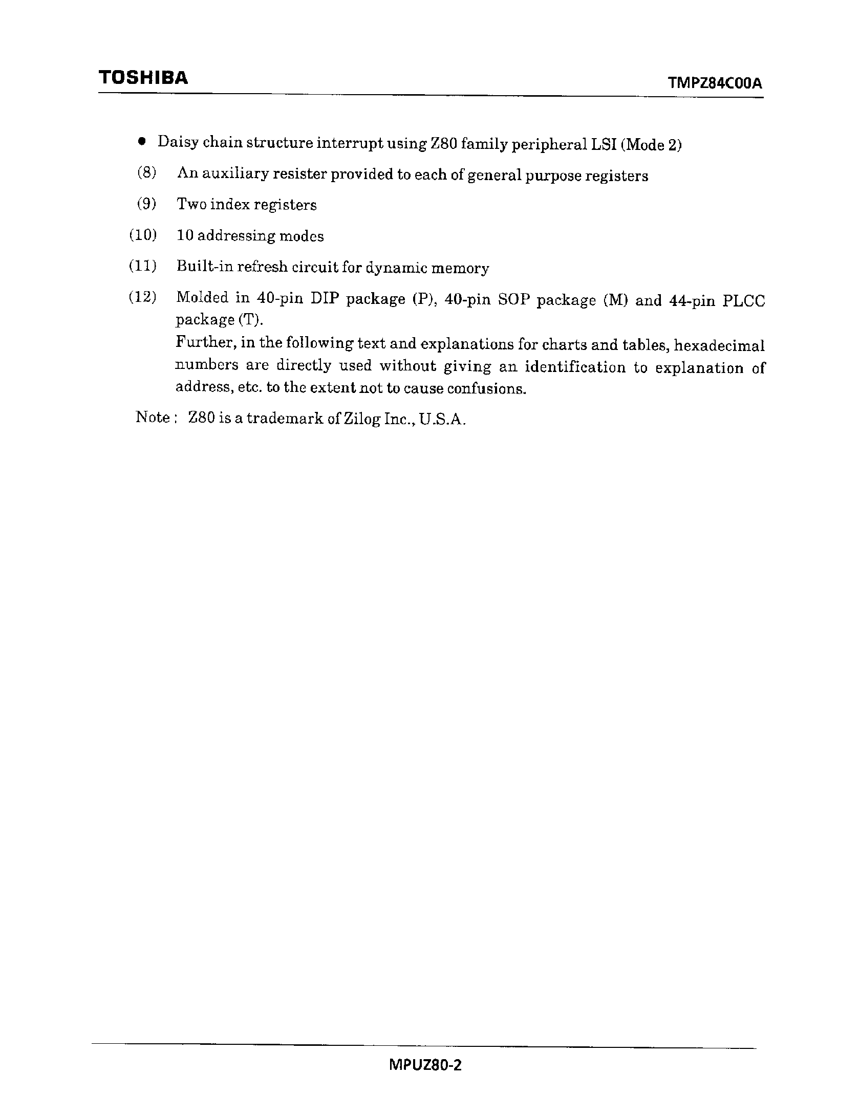 Datasheet TMPZ84C00AM-6 - TLCS-Z80 MPU : 8-BIT MICROPROCESSOR page 2