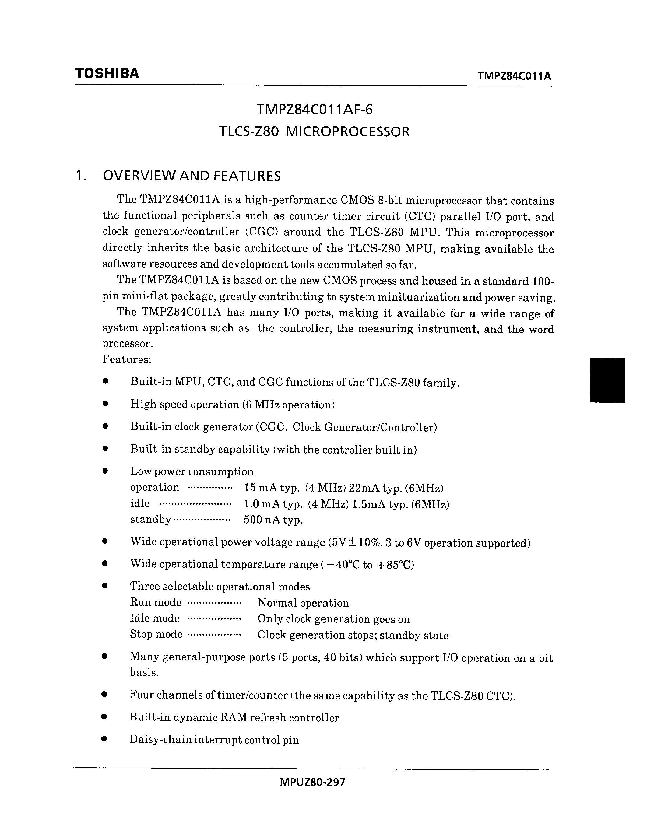 Datasheet TMPZ84C01 - TLCS-Z80 MICROPROCESSOR page 1