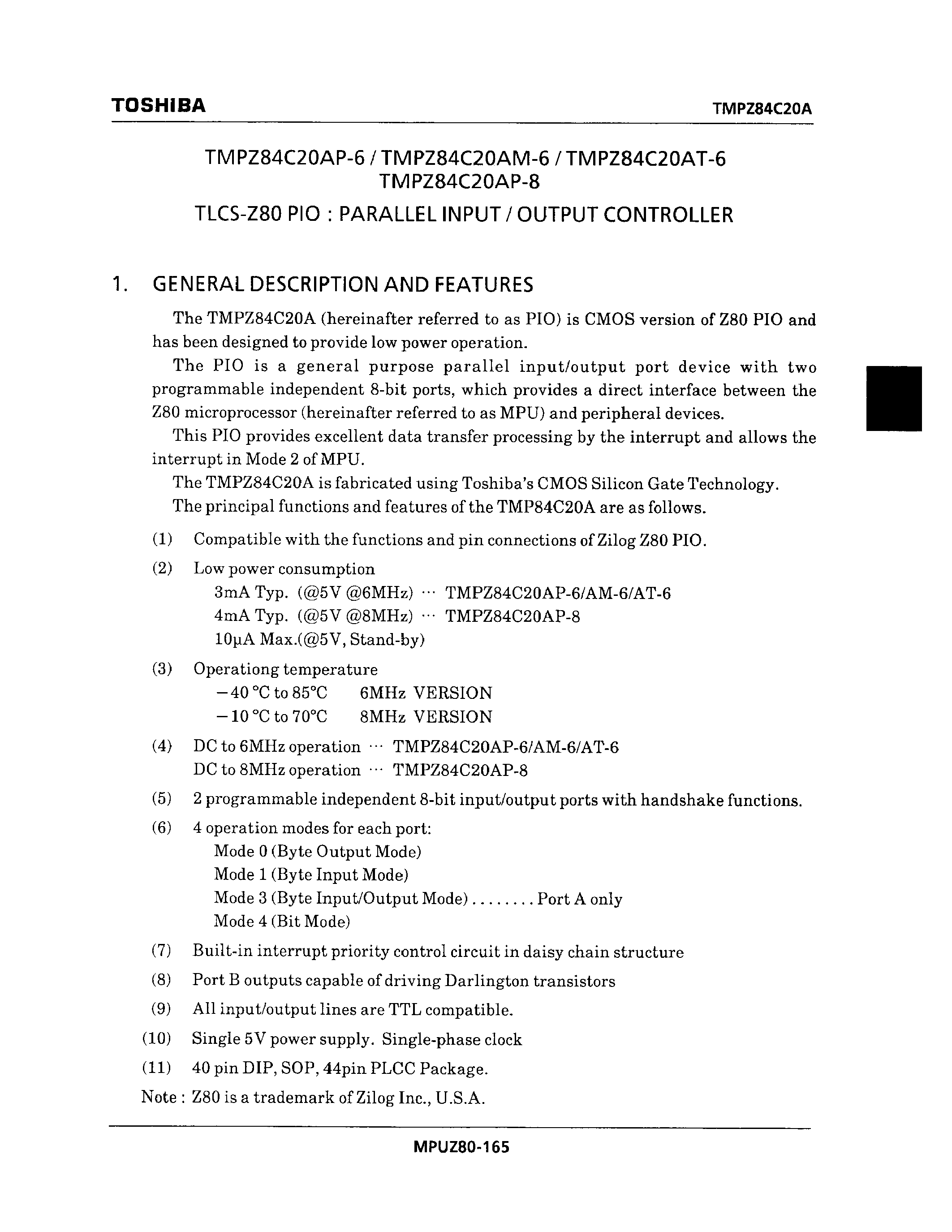 Datasheet TMPZ84C20AM-6 - TLCS-Z80 PIO : PARALLEL INPUT / OUTPUT CONTROLLER page 1