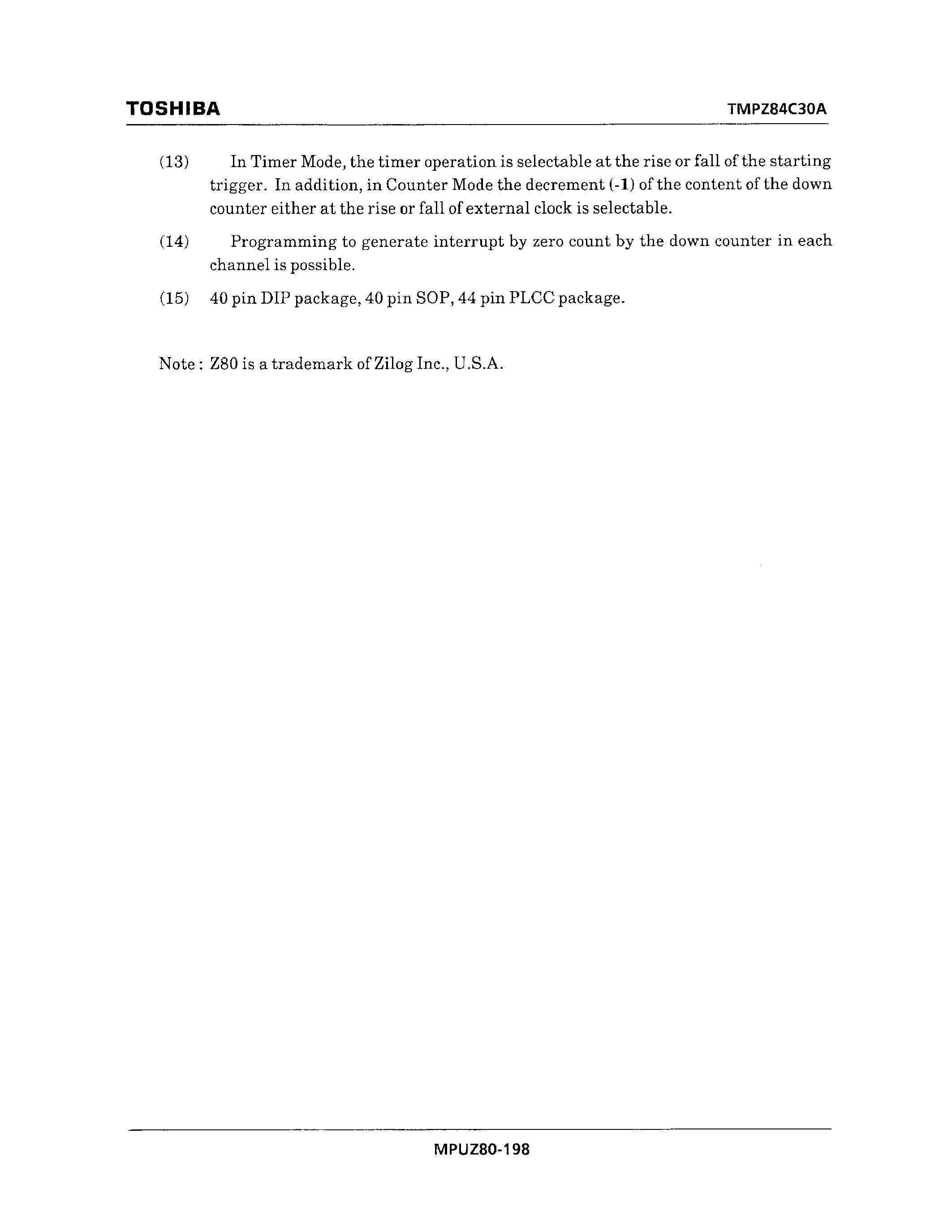 Datasheet TMPZ84C30AT-6 page 2 Datasheet TMPZ84C30AT-6 - TLCS-Z80 CTC : COUNTER TIMER CIRCUIT page 2
