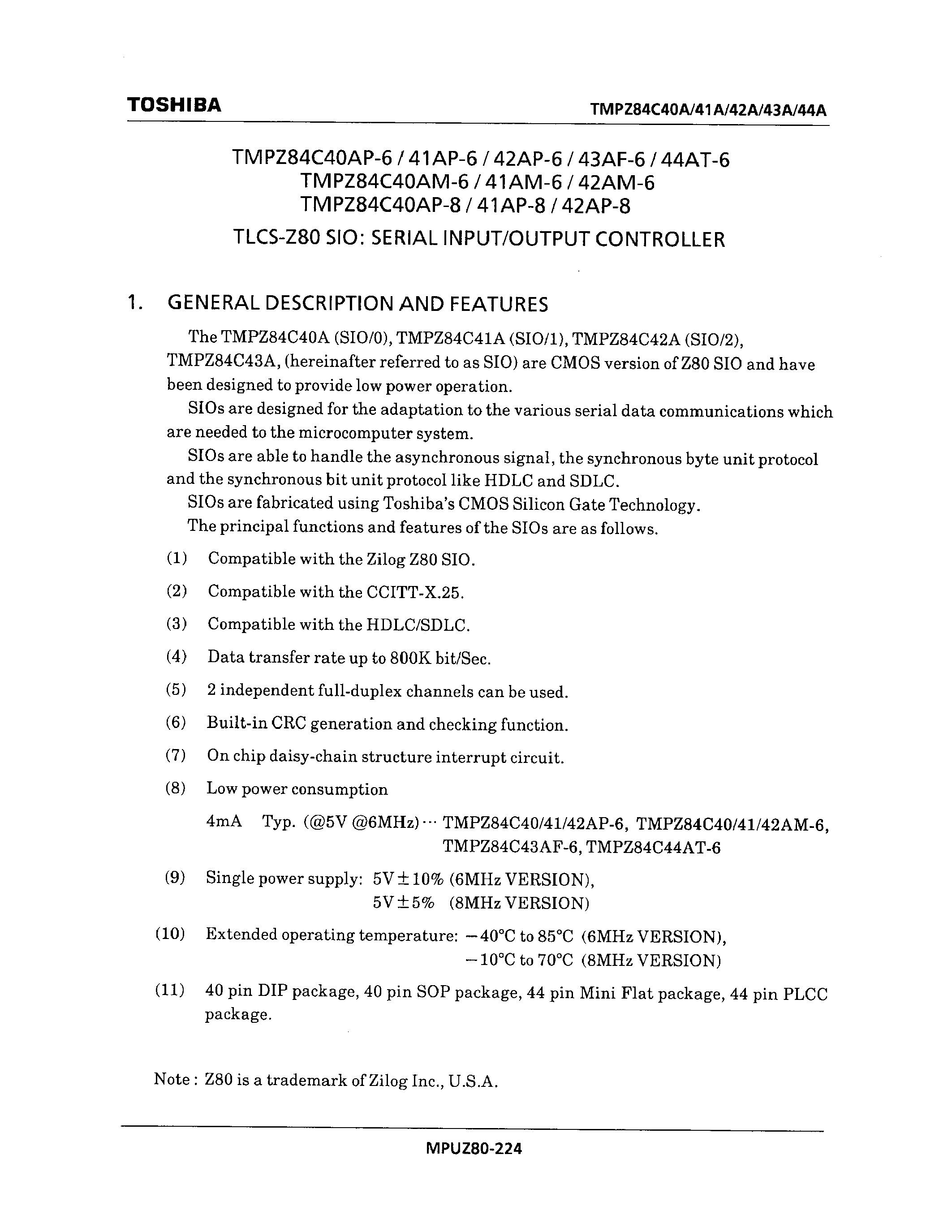 Datasheet TMPZ84C40AM-6 - TLCS-Z80 SIO: SERIAL INPUT/OUTPUT CONTROLLER page 1