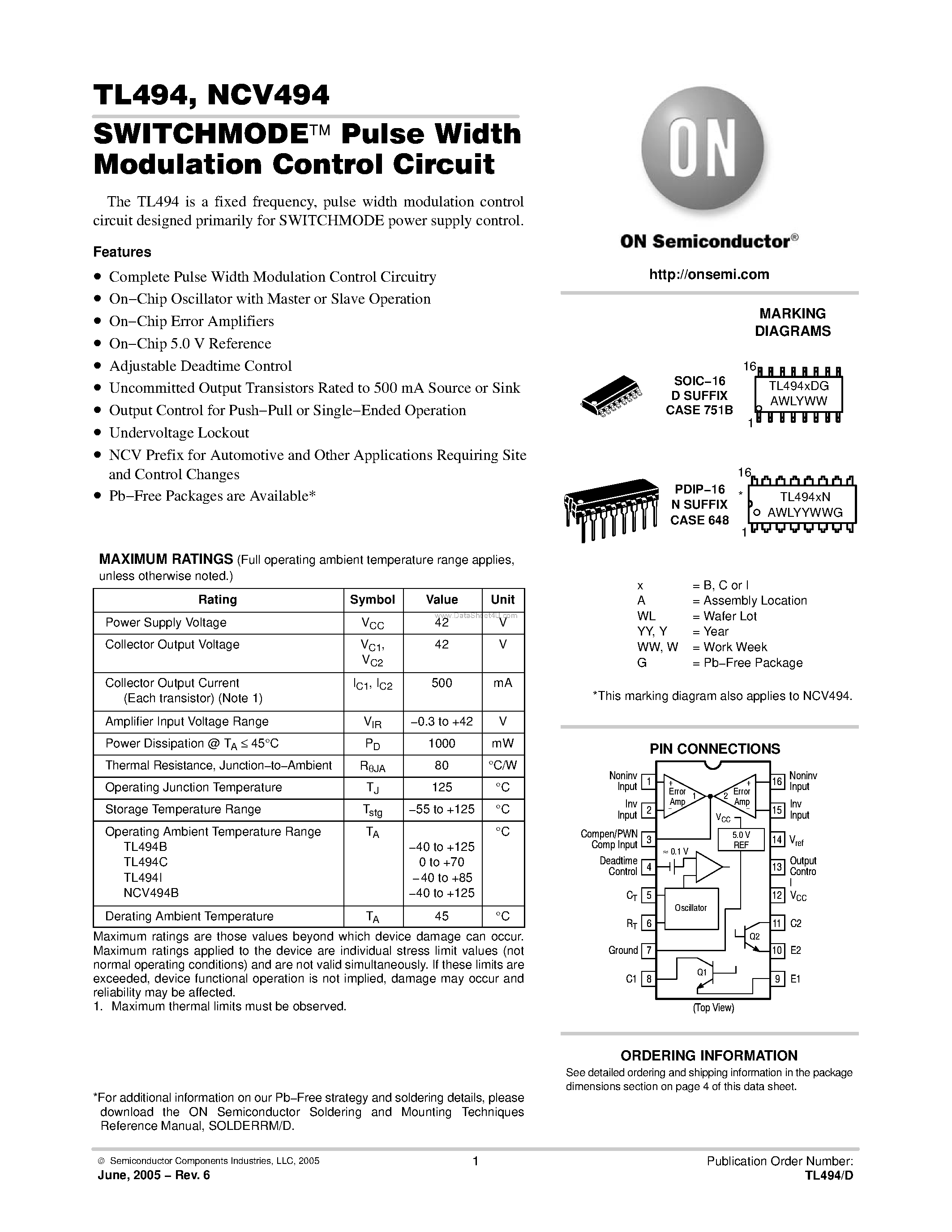 Datasheet TL494 - SWITCHMODE PULSE WIDTH MODULATION CONTROL CIRCUIT page 1