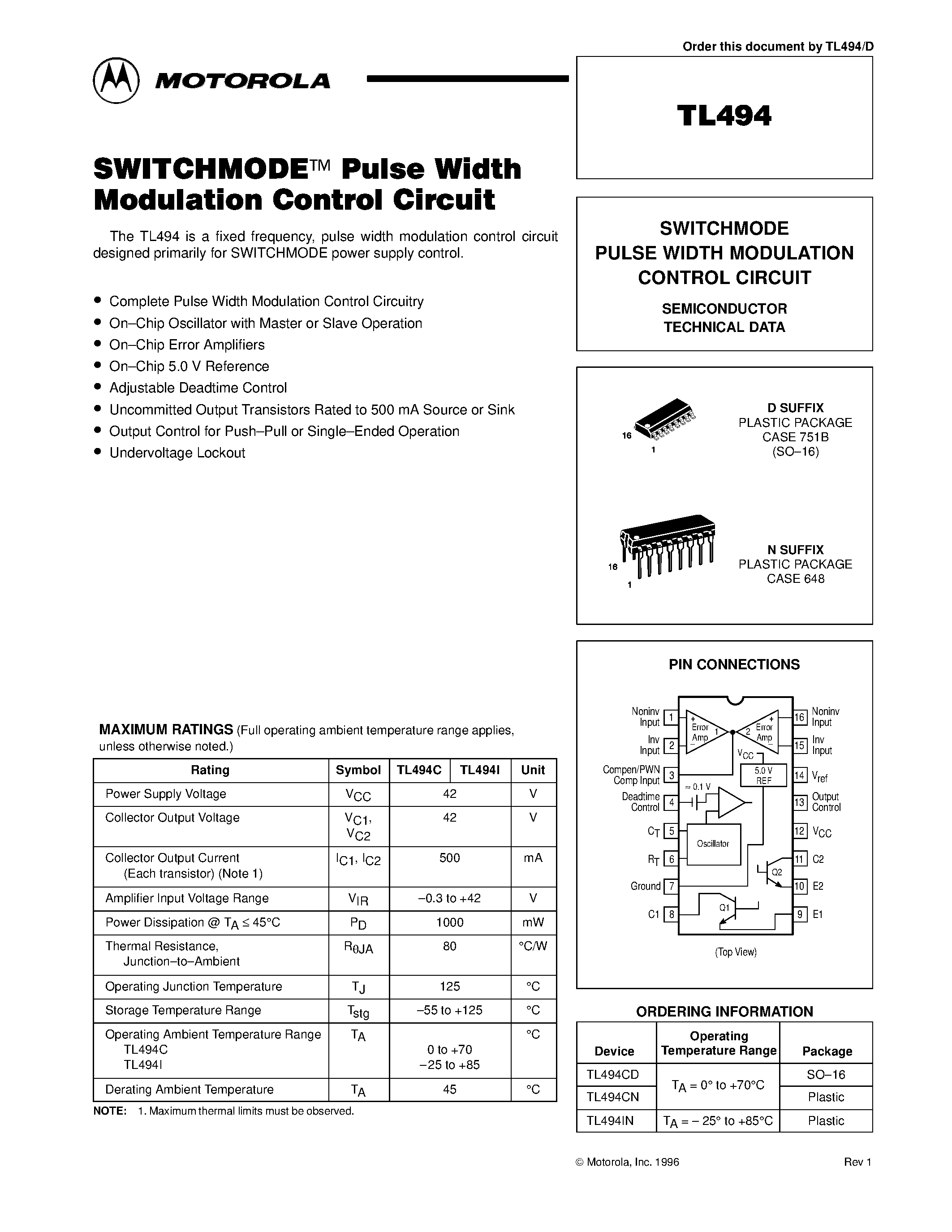 Даташит TL494IN - SWITCHMODE PULSE WIDTH MODULATION CONTROL CIRCUIT страница 1