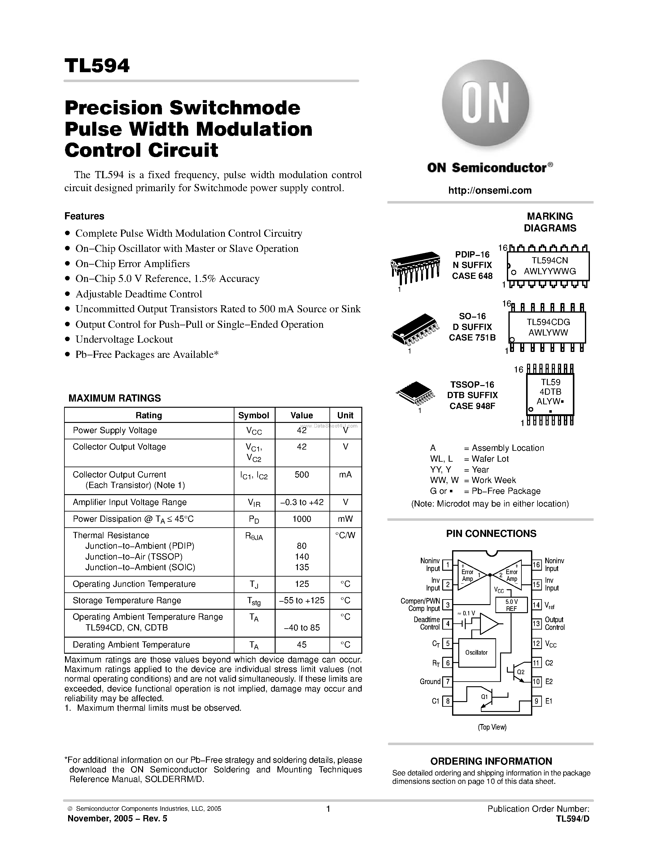 Datasheet TL594 - PRECISION SWITCHMODE PULSE WIDTH MODULATION CONTROL CIRCUIT page 1