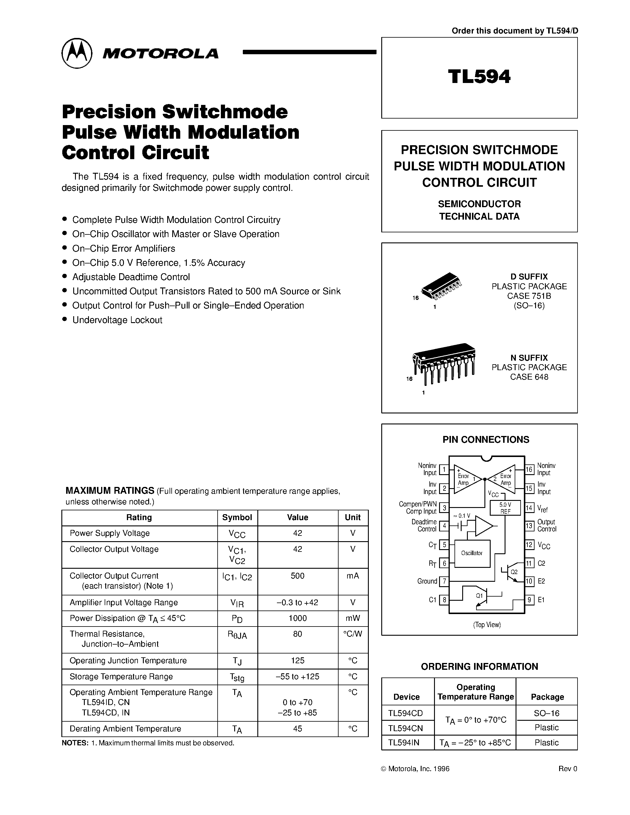 Даташит TL594IN - PRECISION SWITCHMODE PULSE WIDTH MODULATION CONTROL CIRCUIT страница 1