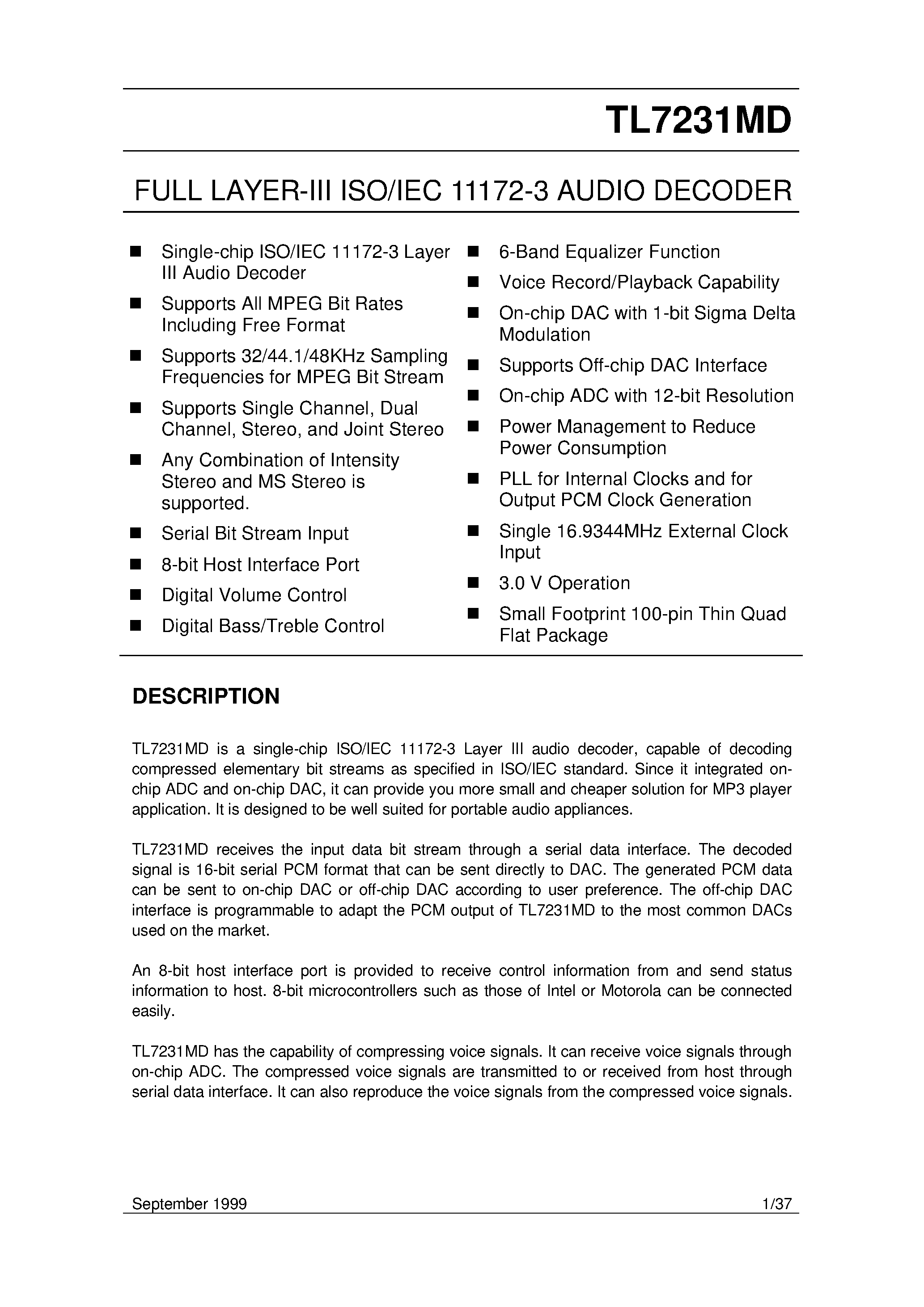Даташит на микросхему TL7231MD страница 1 Даташит TL7231MD - FULL LAYER-III ISO/IEC 11172-3 AUDIO DECODER страница 1