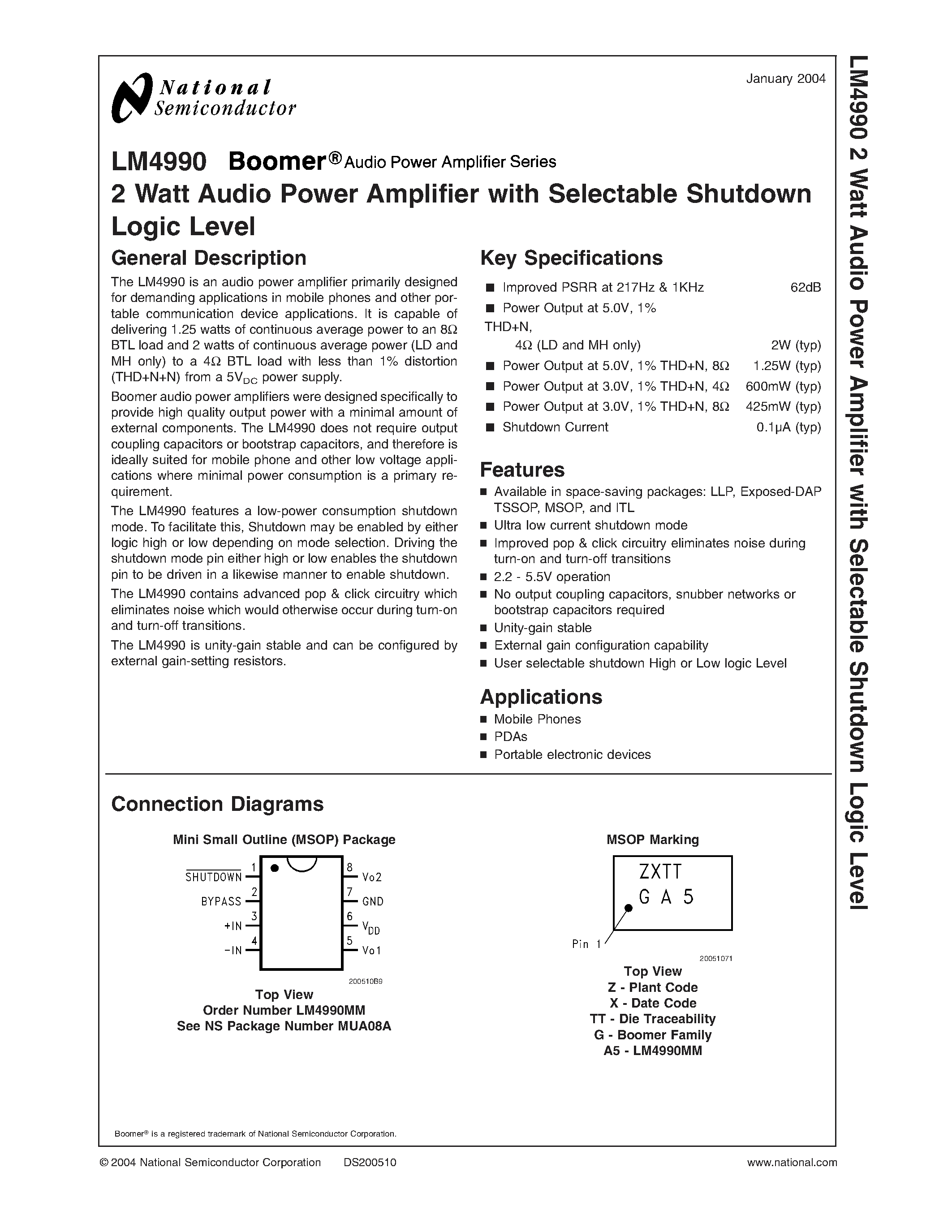 Datasheet TLA09ZZA page 1 Datasheet TLA09ZZA - 2 Watt Audio Power Amplifier with Selectable Shutdown Logic Level page 1