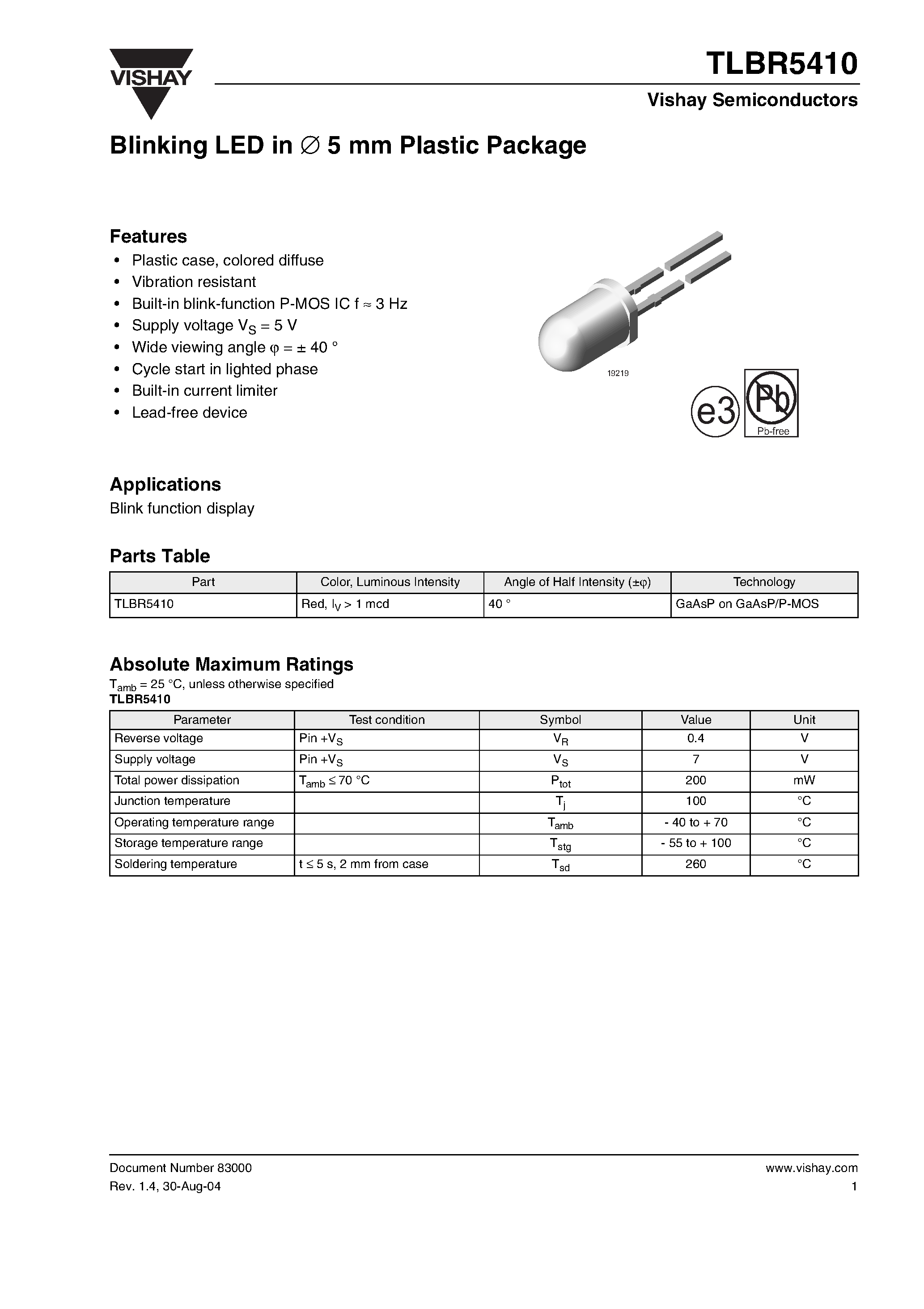 Datasheet TLBR5410 page 1 Datasheet TLBR5410 - Blinking LED in 5 mm Plastic Package page 1