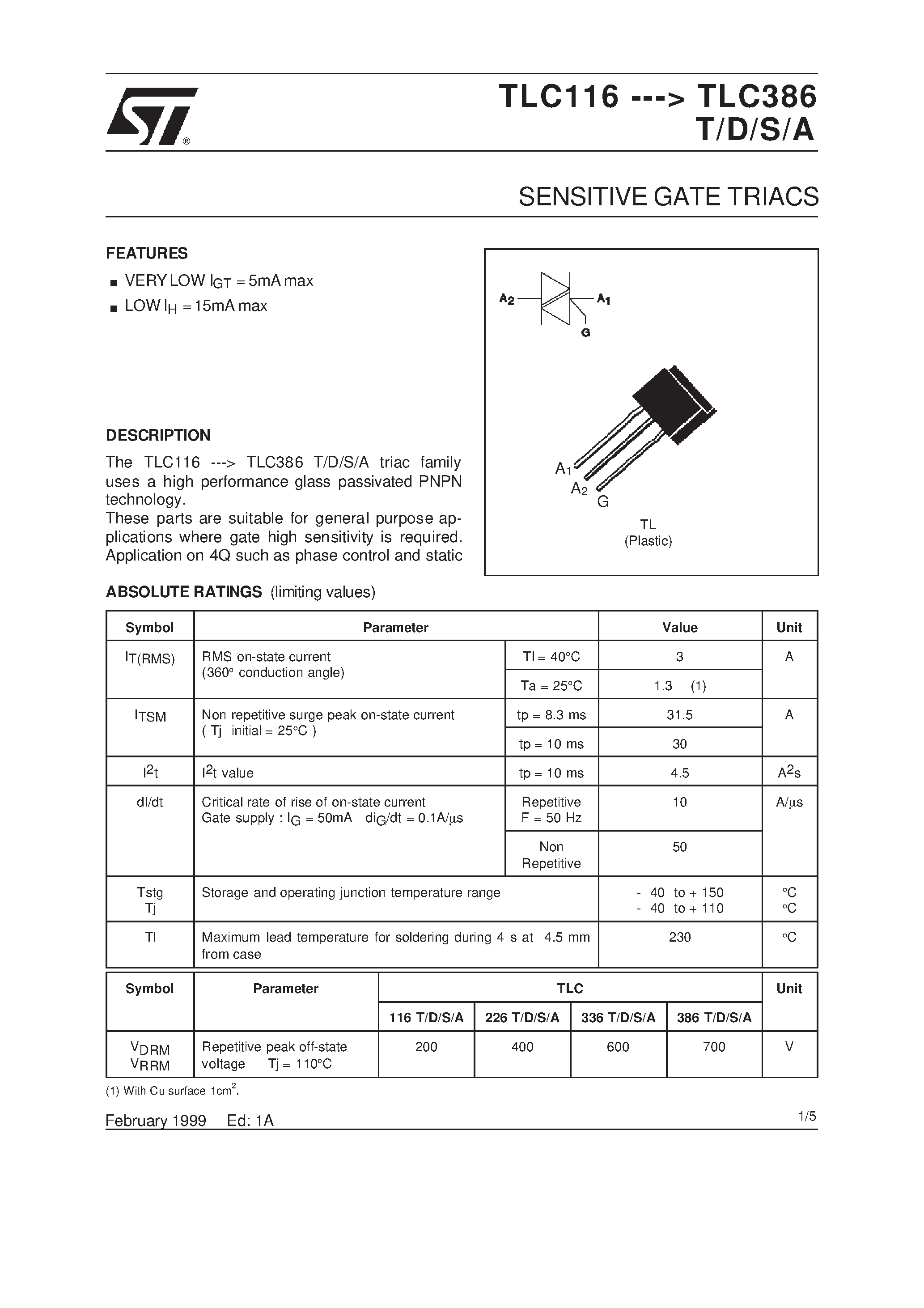 Datasheet TLC226S - SENSITIVE GATE TRIACS page 1
