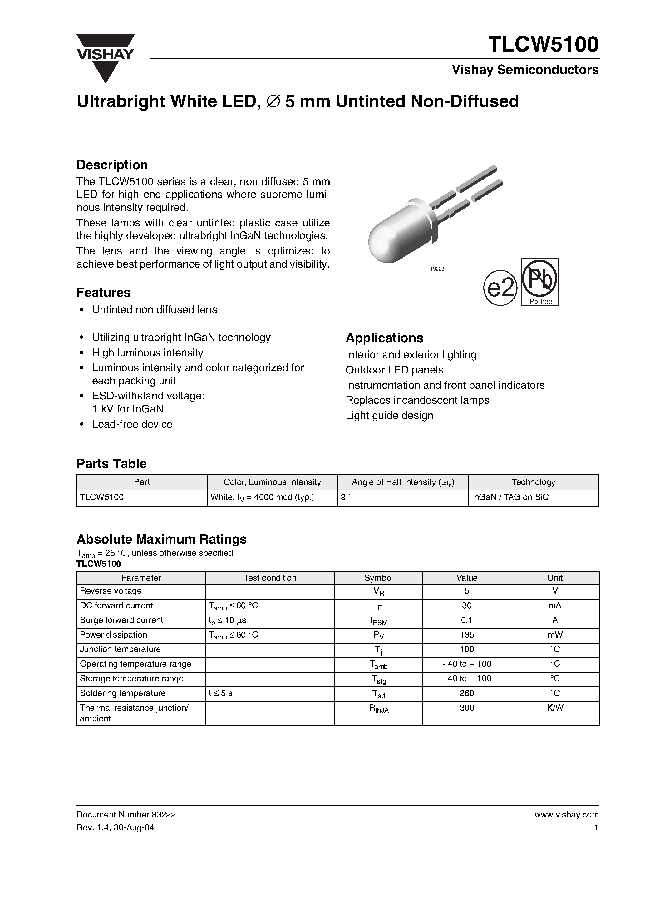 Datasheet TLCW5100 - Ultrabright White LED/ ∅ 5 mm Untinted Non-Diffused page 1
