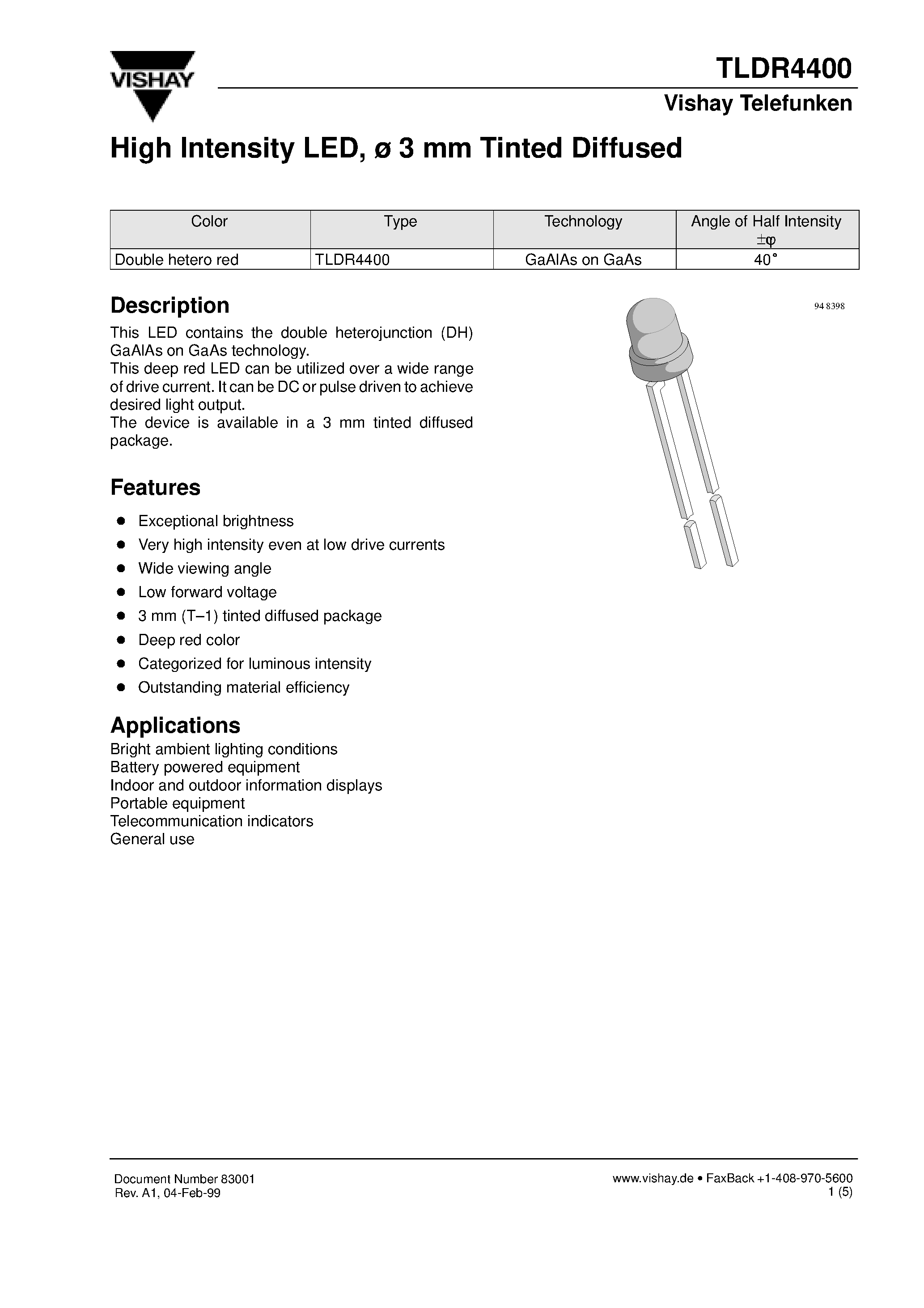 Datasheet TLDR4400 - High Intensity LED/ 3 mm Tinted Diffused page 1