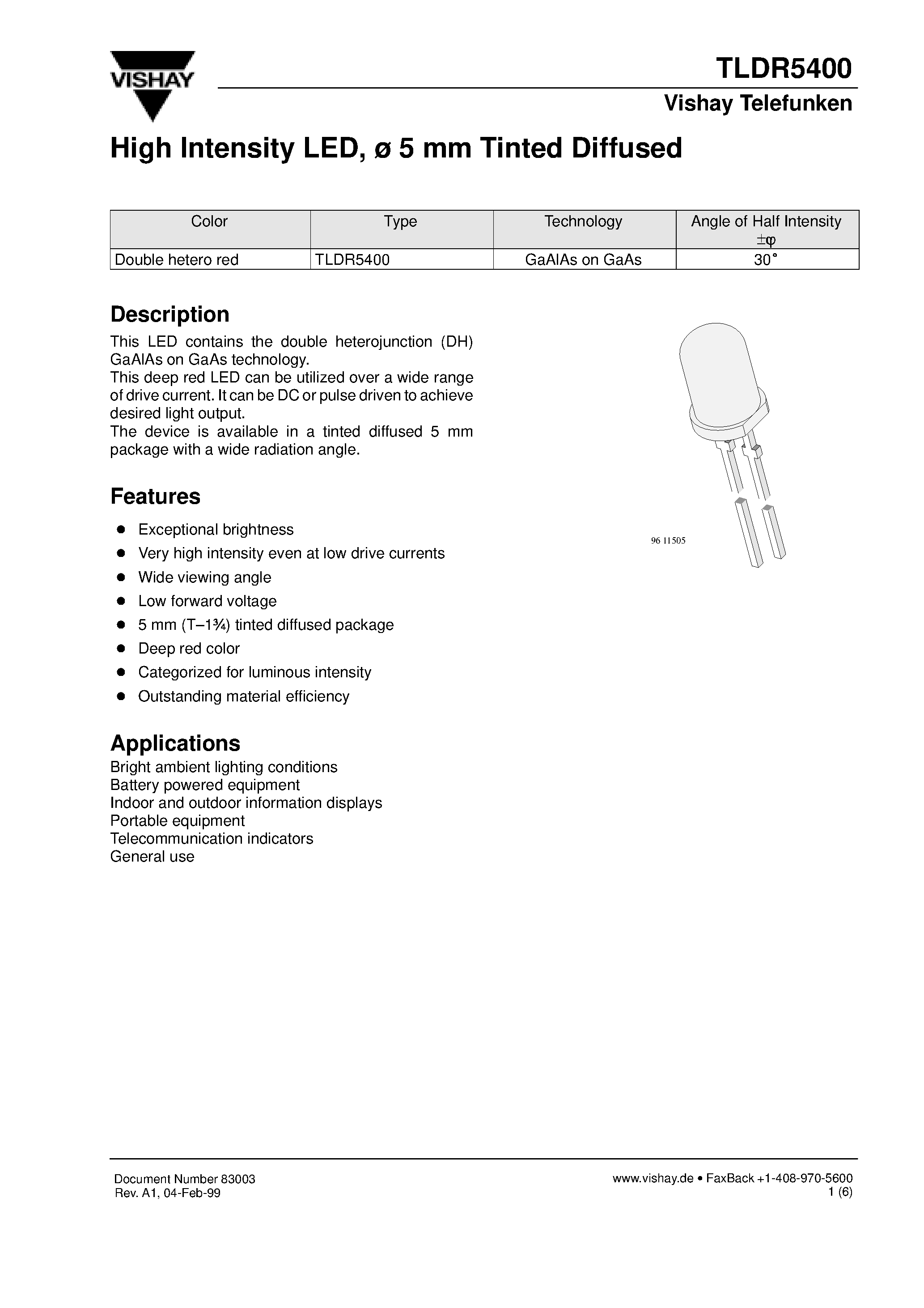 Datasheet TLDR5400 - High Intensity LED/ 5 mm Tinted Diffused page 1