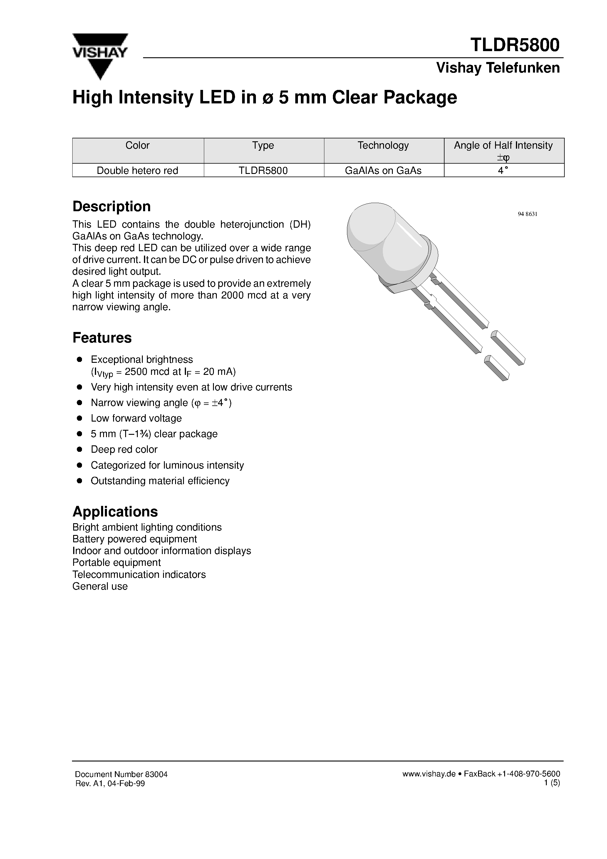Datasheet TLDR5800 - High Intensity LED in 5 mm Clear Package page 1