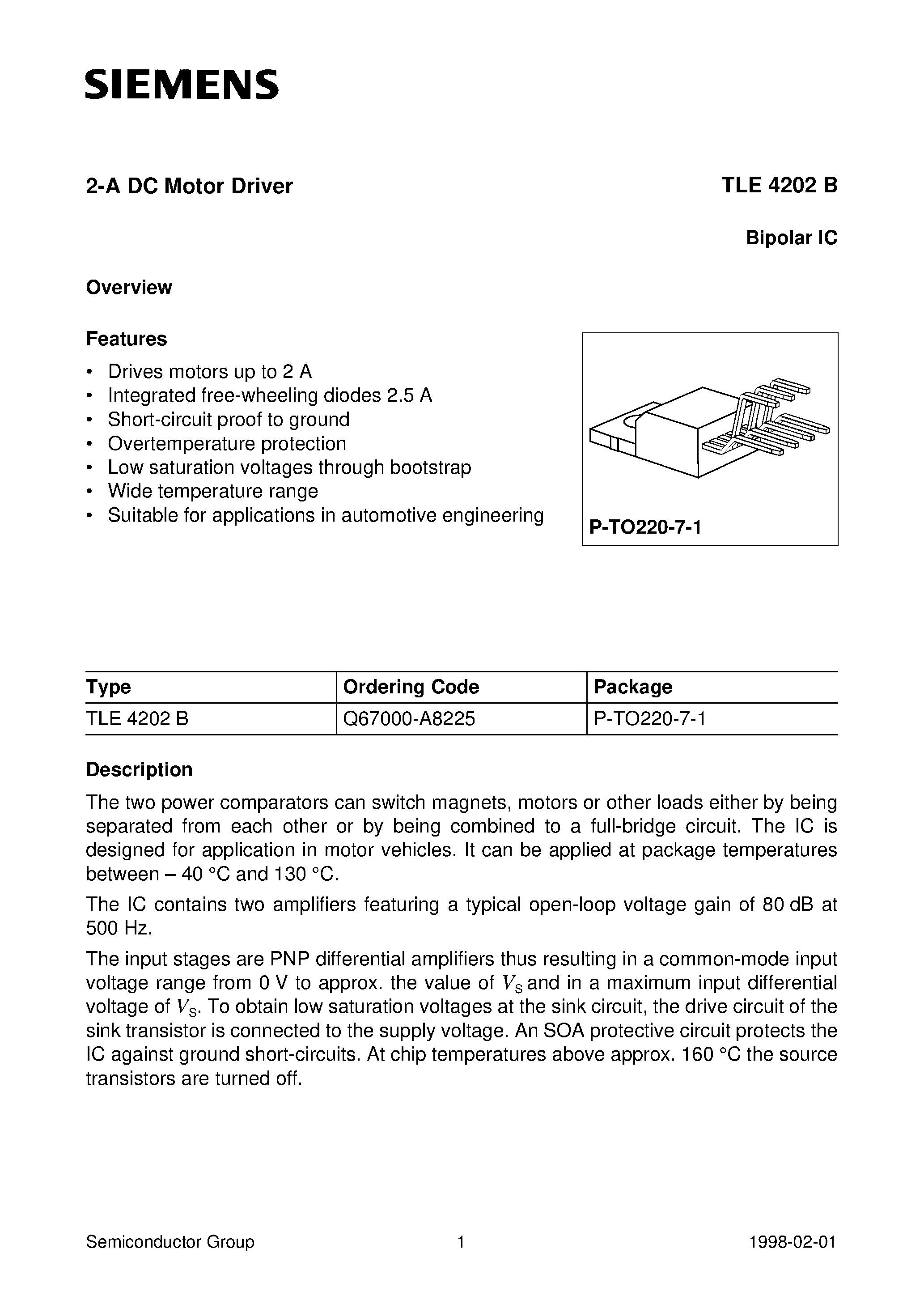 Datasheet TLE4202B - 2-A DC Motor Driver page 1