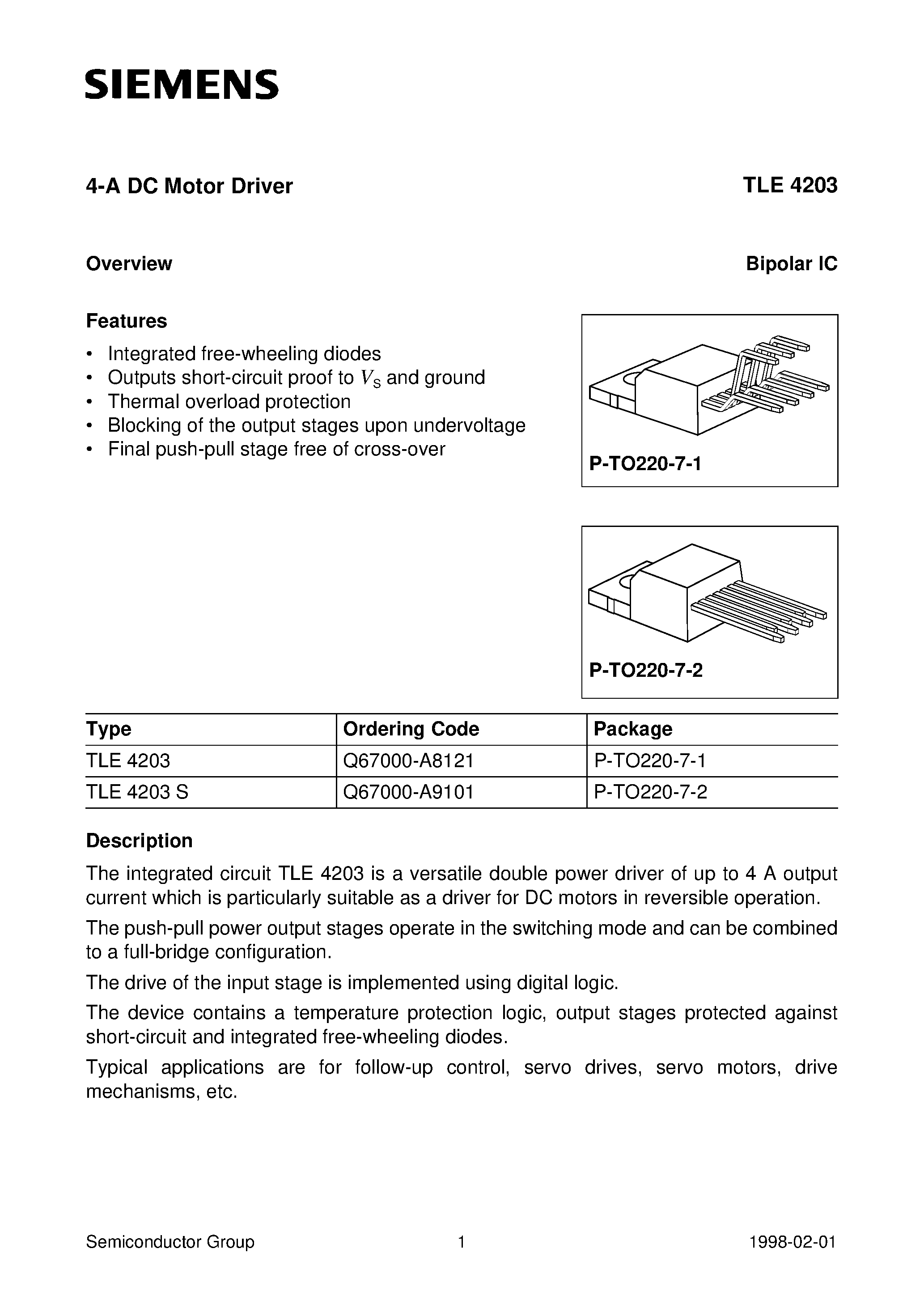 Datasheet TLE4203 - 4-A DC Motor Driver page 1
