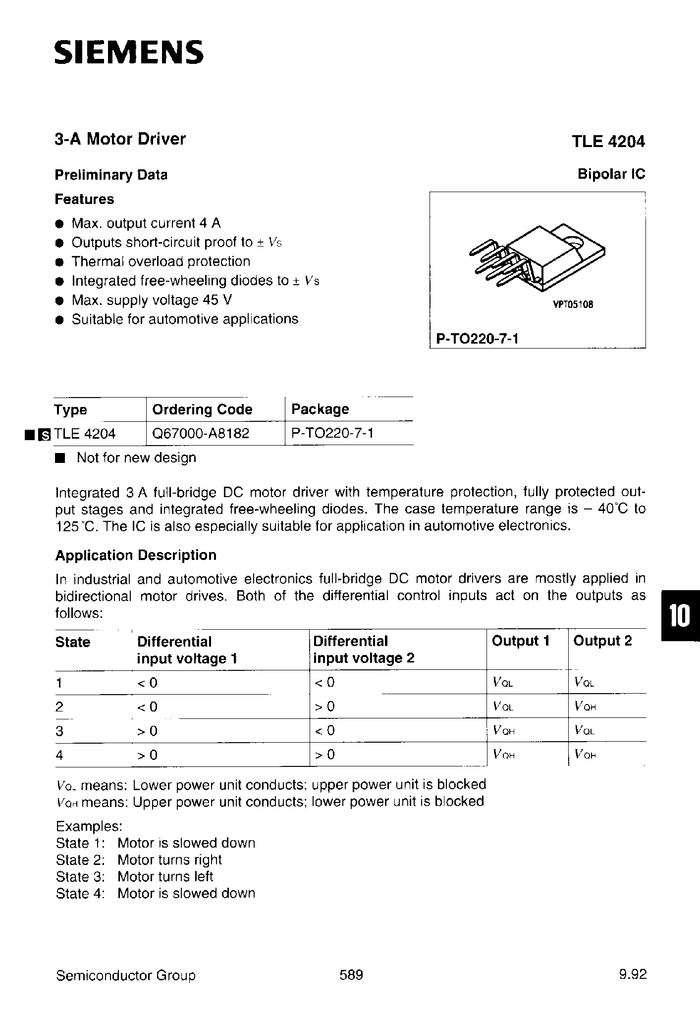 Datasheet TLE4204 - 3-A MOTOR DRIVER page 1