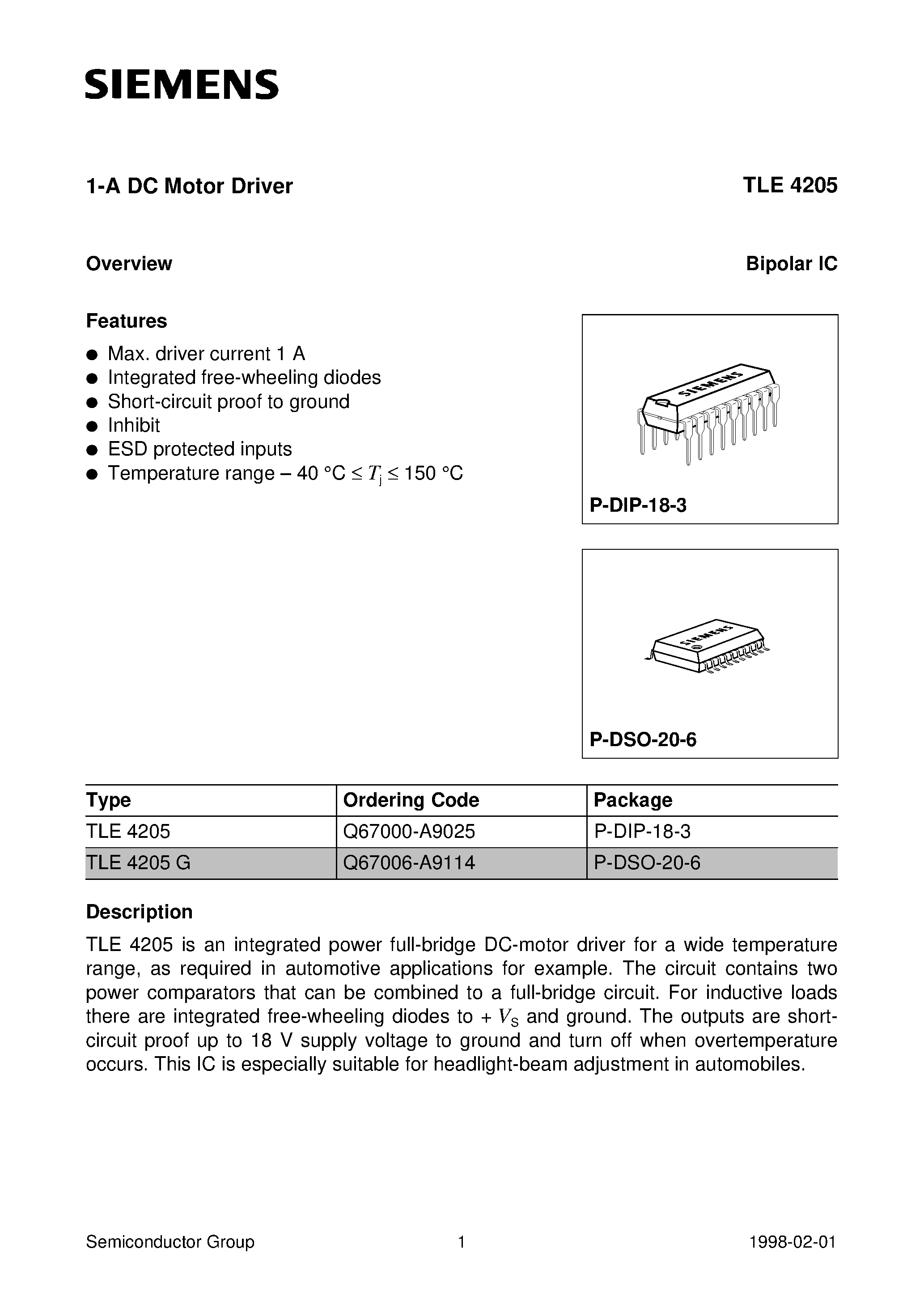 Datasheet TLE4205G - 1-A DC Motor Driver page 1