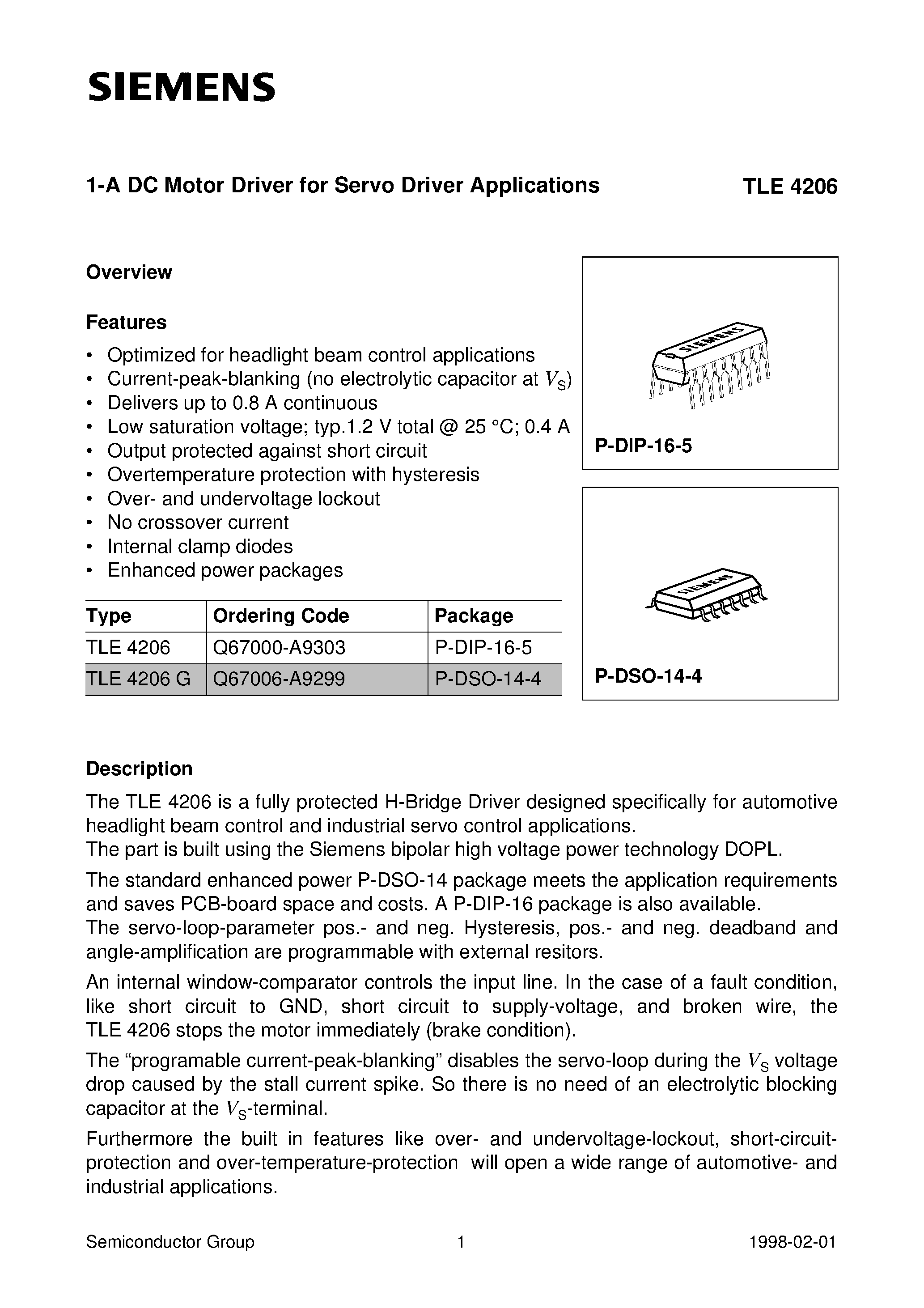 Datasheet TLE4206G - 1-A DC Motor Driver for Servo Driver Applications page 1