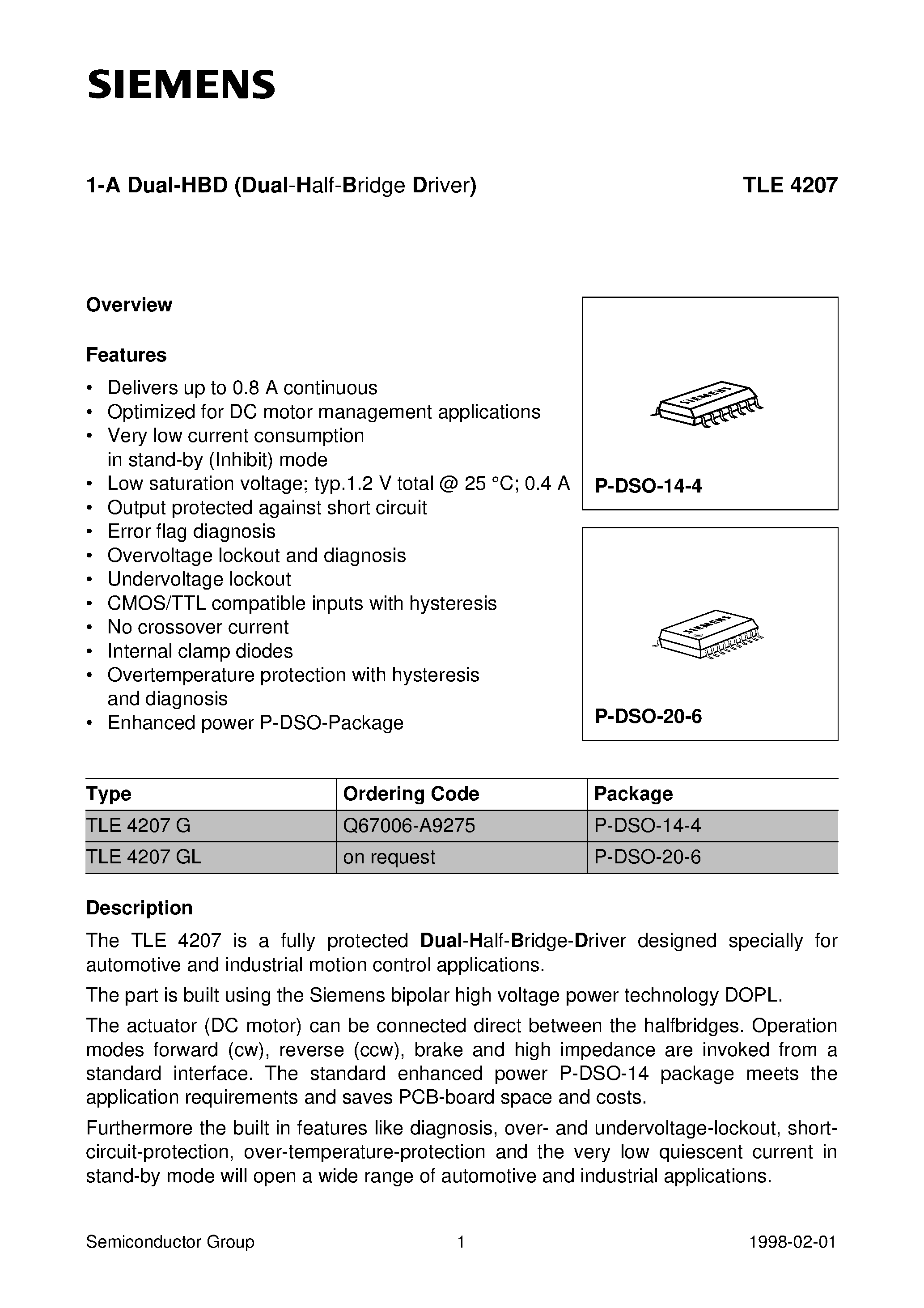 Datasheet TLE4207GL - 1-A Dual-HBD (Dual-Half-Bridge Driver) page 1