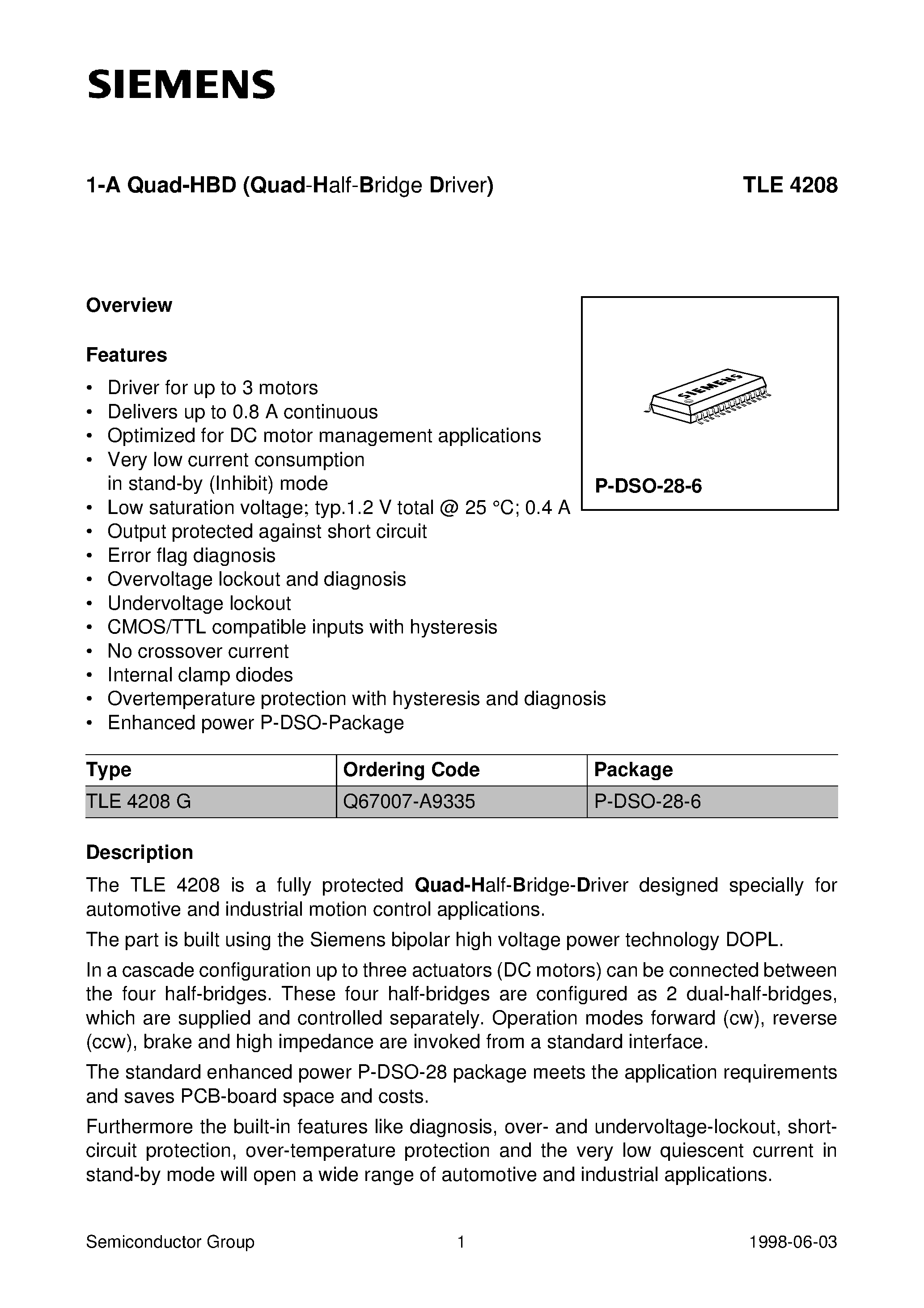Datasheet TLE4208 - 1-A Quad-HBD (Quad-Half-Bridge Driver) page 1