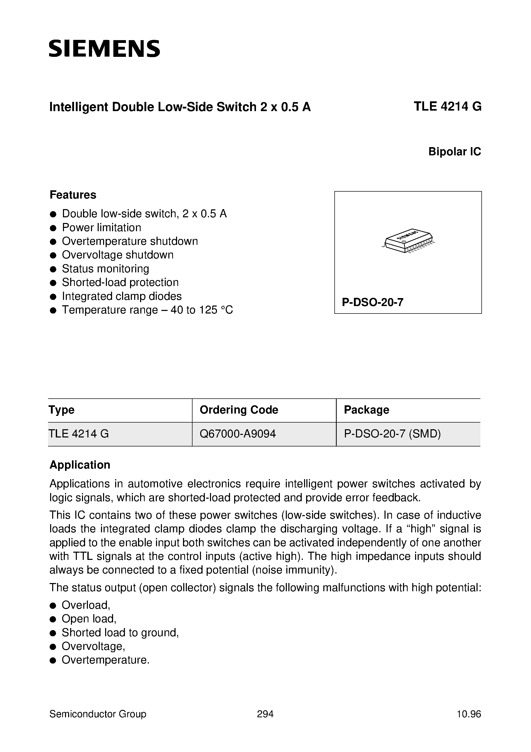 Datasheet TLE4214G - Intelligent Double Low-Side Switch 2 x 0.5 A page 1