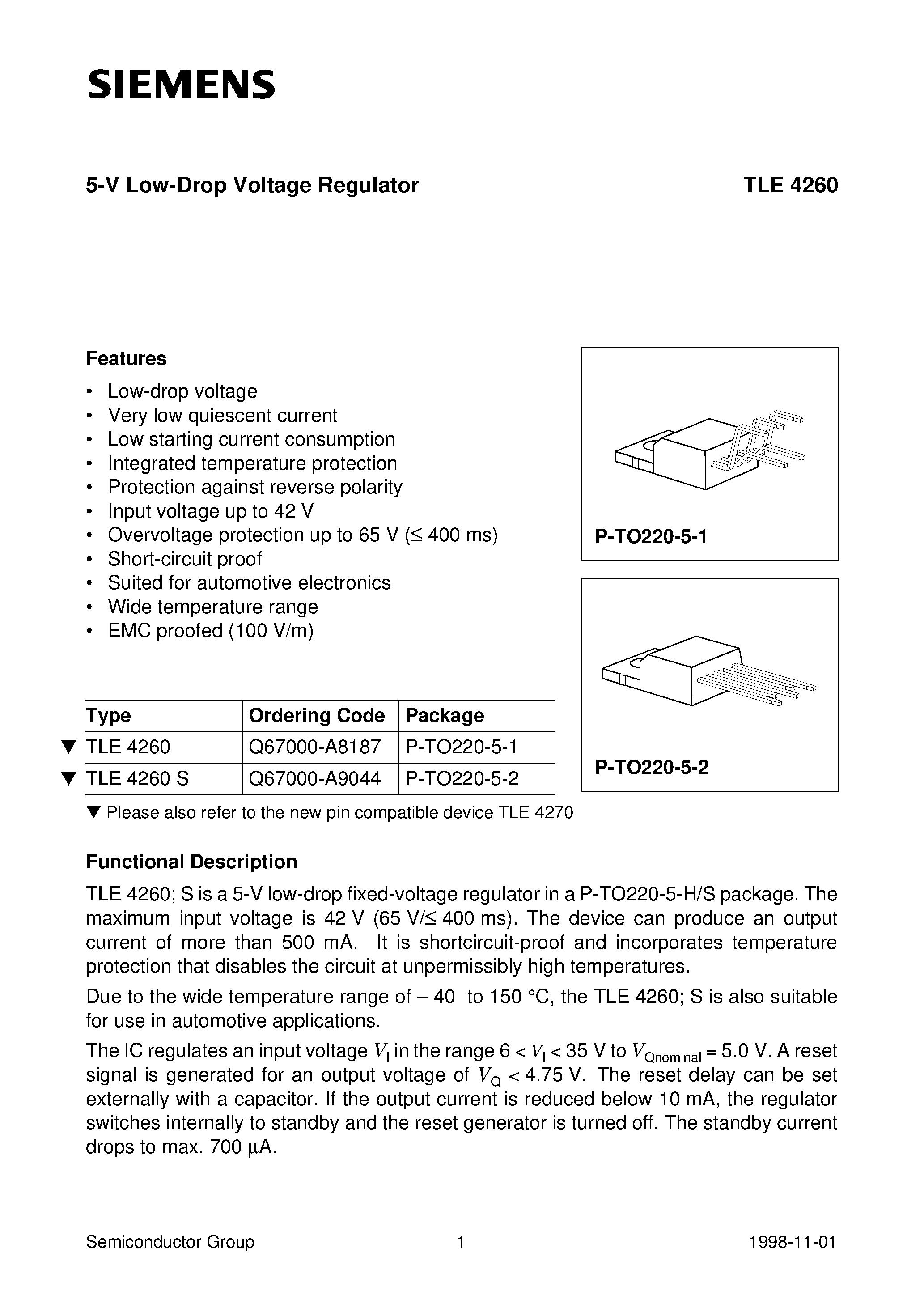 Даташит TLE4260 - 5-V Low-Drop Voltage Regulator страница 1