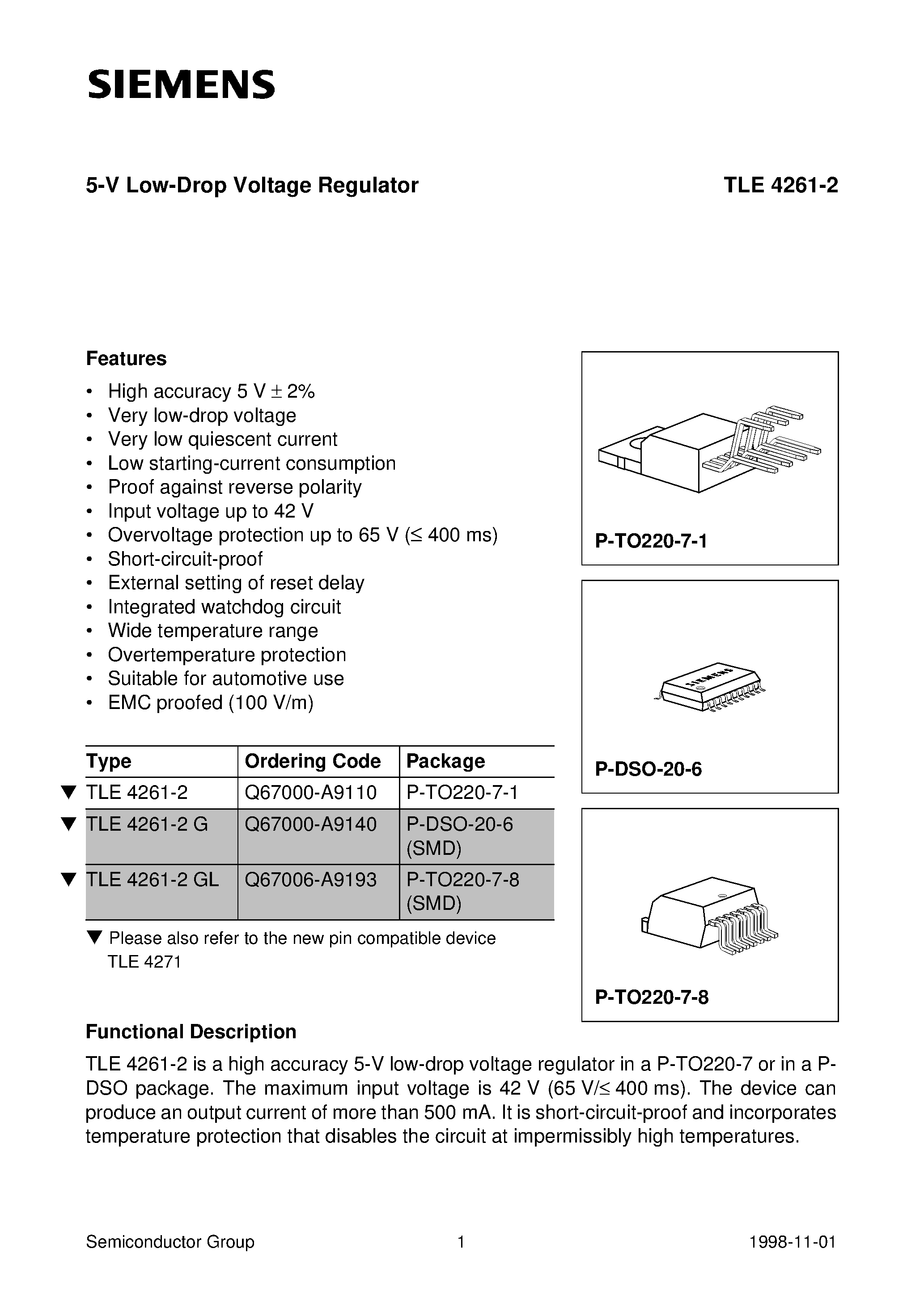 Даташит TLE4261-2GL - 5-V Low-Drop Voltage Regulator страница 1